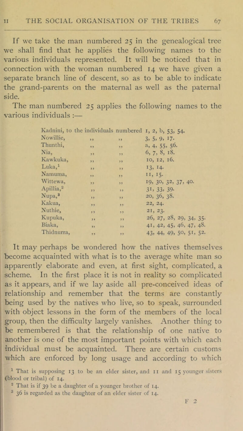 If we take the man numbered 25 in the genealogical tree we shall find that he applies the following names to the various individuals represented. It will be noticed that in connection with the woman numbered 14 we have given a separate branch line of descent, so as to be able to indicate the grand-parents on the maternal as well as the paternal side. The man numbered 25 applies the following names to the various individuals :— Kadnini, to the individuals numbered Nowillie, ,, ,, Thunthi, ,, ,, Nia, ,, ,, Kawkuka, ,, ,, Luka,i „ ,, Namuma, ,, ,, Wittewa, ,, ,, Apillia,- ,, Nupa,» Kakua, ,, ,, Nuthie, Kupuka, ,, ,, Biaka, „ ,, Thidnurra, ,, ,, I, 2, b, 53, 54. 3> 5. 9. 17- а, 4, 55. 56. б, 7, 8, 18. 10, 12, 16. 13. 14- II, 15. 19, 30. 32, 37, 40. 31. 33. 39- 20, 36, 38. 22, 24. 21, 23. 26, 27, 28, 29, 34, 35. 41, 42, 45, 46, 47, 48. 43. 44, 49, 50, 51, 52- It may perhaps be wondered how the natives themselves become acquainted with what is to the average white man so apparently elaborate and even, at first sight, complicated, a scheme. In the first place it is not in reality so complicated as it appears, and if we lay aside all pre-conceived ideas of relationship and remember that the terms are constantly being used by the natives who live, so to speak, surrounded with object lessons in the form of the members of the local group, then the difficulty largely vanishes. Another thing to be remembered is that the relationship of one native to another is one of the most important points with which each individual must be acquainted. There are certain customs which are enforced by long usage and according to which ^ That is supposing 13 to be an elder sister, and ll and 15 younger sisters (blood or tribal) of 14. ■ That is if 39 be a daughter of a younger brother of 14. ^ 36 is regarded as the daughter of an elder sister of 14. V 2