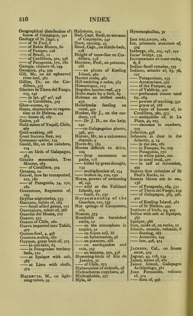 Geographical distribution of fauna of Galapagos, 392 Geology of St Jago, 5 of St Paul, 8 of Bahia Blanca, 80 of Pampas, 128 of Brazil, 12 of Cordillera, 322, 336 of Patagonia, 170, 180 Georgia, climate of, 249 Geospiza, 384, 399 Gill, Mr, on an upheaved river-bed, 362 Gillies, Dr, on the Cor- dillera, 327 Glaciers in Tierra del Fuego, 225, 247 in lat. 46° 40', 248 in Cordillera, 329 Glow-worms, 2p Goats, destructive to vegeta- tion at St Helena, 494 bones of, 167 Goitre, 318 Gold-mines of Yaquil, Chile, 267 Gold-washing, 268 Good Success Bay, 203 Gossamer spider, 159 Gould, Mr, on the calodera, 124 on birds of Galapagos, 3®3. Granite mountains, Tres Montes, 285 of Cordillera, 324 Graspus, 10 Gravel, how far transported, 107, 180 of Patagonia, 74, 170, 180 Greenstone, fragments of, 259 Gryllus migratonus, 333 Guanaco, habits of, 165 fossil allied genus, 172 Guantajaya, mines of, 368 Guardia del Monte, 117 Guasco, 351 Guasos of Chile, 260 Guava imported into Tahiti, 407 , , Guinea-fowl, 4, 498 Gunnera scabra, 282 Gypsum, great beds of, 323 in salt-lakej 65 in Patagonian tertiary- beds, 170 at Iquique with salt, 367 at Lima with shells, 374 Hachette, M., on light- ning-tubes, 59 Hailstorm, 114 Hall, Capt. Basil, on terraces of Coquimbo, 347 Hare, varying, 45 Head, Capt., on thistle-beds, ti8 Height of snow-line on Cor- dillera, 246 Henslow, Prof., on potatoes, 288 on plants of Keeling Island, 460 Hermit crabs, 462 Hill emitting a noise, 365 Himantopus, 113 Hogoleu barrier-reef, 475 Holes made by a bird, 89 Holman on drifted seeds, 459 Holuthuriae feeding on coral, 470 Hooker, Sir J., on the car- doon, ti8 Dr J. D., on the kelp, 240 on Galapageian plants, 396, 401 Homer, Mr, on a calcareous deposit, 9 Horse-fly, 169 Horses difficult to drive, 109 drop excrement on paths, 118 killed by great drought, '33 ... multiplication of, 234 broken in, 120, 150 Horse, powers of swimming of, 142 wild at the Falkland Islands, 191 fossil, 81, 130 Horsemanship of the Gauchos, 120, 195 Hot springs of Cauquenes, 265 Huacas, 373 Humboldt on burnished rocks, 12 on the atmosphere in tropics, 31 on frozen soil, 88 on hybernation, 98 on potatoes, 288 on earthquakes and rain, 353 on miasma, 370, 438 Humming-birds of Rio de Janeiro, 31 of Chile, 273 Hybernation of animals, 98 Hydrochaerus c-apybara, 48 Hydrophobia, 357 Hyla, 28 Hymenophallus, 32 Ibis melanops, 163 Ice, prismatic structure of, 329 Icebergs, 187, 225, 248, 252 Incas’bridge, 339 Incrustations on coast rocks, 6, 8 Indian fossil remains, 373 Indians, attacks of, 63, 76, Patagonians, 233 Auracarians, 302 of the Pampas, 99 of Valdivia, 302 perforated stones used by, 269 powers of tracking, 332 grave of, 168 ruins of houses of, in Cordillera, 360, 373 _ antiquities of, in La Plata, 45, 103 decrease in numbers, 103 Infection, 438 Infusoria in dust in the Atlantic, 3, 14 in the sea, 161 in Pampas, 82, 129 Patagonia, 170 in white paint, 222 in coral mud, 470 in tuff at Ascension, 499 . , o Insects first colonists of St Paul’s Rocks, 10 Insects blown out to sea, 158 of Patagonia, 169, 331 of Tierra del Fuego, 239 of Galapagos, 383, 396, 402 of Keeling Island, 461 of St Helena, 493 Instincts of birds, 93, 403 Iodine with salt at Iquique, 367 Iquique, 366 Iron, oxide of, on rocks, 12 Islands, oceanic, volcanic, 8 floatingj 267 Antarctic, 249 low, 406, 474 Jackson, Col., on frozen snow, 329 Jaguar, 49, 116, 134 Jajuel, mines of, 261 ames _ Island, Galapagos Archipelago, 381 Juan Fernandez, volcano of, 314 flora of, 396