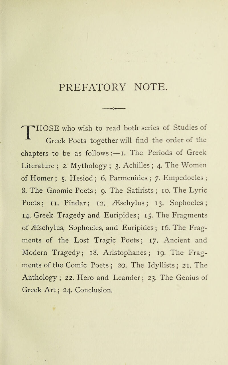 PREFATORY NOTE. HOSE who wish to read both series of Studies of Greek Poets together will find the order of the chapters to be as follows :—i. The Periods of Greek Literature ; 2. Mythology ; 3. Achilles ; 4. The Women of Homer; 5. Hesiod; 6. Parmenides; 7. Empedocles; 8. The Gnomic Poets; 9. The Satirists; 10. The Lyric Poets; II. Pindar; 12. ^schylus; 13. Sophocles; 14. Greek Tragedy and Euripides; 15. The Fragments of iEschylus, Sophocles, and Euripides; 16. The Frag- ments of the Lost Tragic Poets; 17. Ancient and Modern Tragedy; 18. Aristophanes; 19. The Frag- ments of the Comic Poets; 20. The Idyllists; 21. The Anthology; 22. Hero and Leander; 23. The Genius of Greek Art; 24. Conclusion.