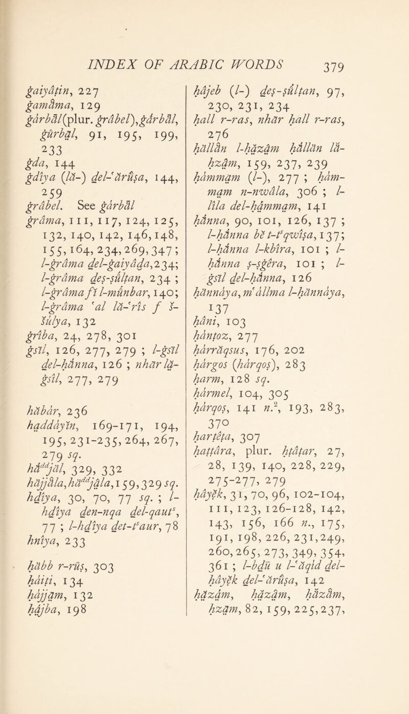 gaiydtin, 227 gamdma, 129 gdrbdl( plur. grab el), garb til, Jtfrto/, 91, 195, 199, 233 gda, 144 gdiya (la-) del-ar&sa, 144, 259 grab el. See garb til grama, 111, 117, 124, 125, 132,140,142,146,148, 155 i64, 234,269,347; l-grdma del-gaiyada,i^y\ l-grdma des-sdltan, 234 ; l-grdma fi l-mdnbar, 140; l-grdma *al la-ris f s- sulya, 132 griba, 24, 278, 301 126, 277, 279 ; l-gsil del-hdnna, 126 ; nliar la- gstl, 277, 279 habar, 236 haddayin, 169-171, 194, 195, 23I_235, 264, 267, 279 ^7. h&yal, 329, 332 hajjtHa,haddjala, 159,329 J7. hdiya, 30, 70, 77 J7. ; l- hdiya den-nqa del-qauts, 77 ; l-hdiya det-tsaur, 78 hniya, 233 habb r-rUs, 303 haiti, 134 hajjam, 132 hajba, 198 hdjeb (/-) des-s&ltan, 97, 230, 231, 234 hall r-ras, nhar hall r-ras, 276 halldn l-hdzdm hdllan Id- • • •• •• • hzam, 159, 237, 239, hdmmam (/-), 277 ; ham- mam n-nwdla, 306 ; /- lila del-hdmmam, 141 hdnna, 90, 101, 126, 137 ; l-hdnna be t-fqwisa, 137; l-hdnna l-kbira, 101 ; /- hdnna s-sgera, 101 ; /- gsil del-hdnna, 126 hdnnaya, m dllma l-hannaya, 1)1 hdni, 103 hdntoz, 277 hdrraqsus, 176, 202 hargos (harqos), 283 harm, 128 J7. hdrmel, 104, 305 harqos, 141 #.2, 193, 283, 3 7° harteta, 307 hattdra, plur. htdtar, 27, 28, 139, 140, 228, 229, 275-277, 279 hayek, 31, 70, 96, 102-104, hi, 123, 126-128, 142, 143, 156, 166175, 191, 198, 226, 231,249, 260,265, 273> 349; 354, 361 ; l-bdu u l-aqid del- hdyek del- drusa, 142 hdzam, hazam, hdzdm, hzam, 82, 159, 225,237,