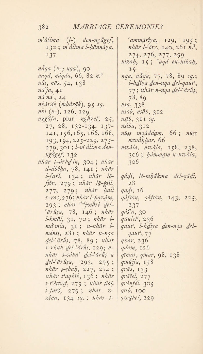 m'dllma (/-) den-ngdgef', 132 ; ni allma l-hannaya, :37 ndqa (n-; nqa), 90 naqd, ndqda, 66, 82 zz.3 54, i38 naja, 41 nanad, 24 nbarak (mb Irak), 95 J7. («-), 126, 129 plur- nghef> 25> 27, 28, 132-134, 137- 141, 156, 165, 166, 168, 193,194, 225-229, 275- 279, 301 ; l-ni allma den- ngheA I3 2 z^r l-arbain, 304 ; zz/^r d-dbeha, 78, 141 ; zz^4r l-farl, 134 ; zz/z^r le- ft or, 279 ; zz^r la-gstl, 277, 279 ; zz/^r hall r-ras, 276; zz/^r l-hazam, 293 ; zz^r d'djwari del- ' dr Isa, 78, 146 ; zz/^r l-kmdl, 31, 70; zz^4r /- mamla, 31 ; n-nhdr l- mensi, 281; zz^r n-nqa del-dr Is, 78, 89 ; zz^zzr r-rkub del-dr us, 129; zz- zz/^r s-sdbA del- dr Is u del-dr Isa, 293, 295 ; nhar s-sbah, 227, 274 ; zz/zzzr tsaqbib, 136 ; zz/^r t-tsetwif 279 ; zz/zzzr tioh 1-faN, 279 ; zzA^r %- zzzz#, 134 ^7. ; zzZzzzr /- 'ammdnya, 129, 195 ; nhar l-ors, 140, 261 zz.1, _ 274,276,277,299^ nikdh, 15 ; ^7^ en-nikdh, *5 . 777*2, 77^7*2, 77, 78, 89 57.; l-hdtya den-nqa del-qauts, 77 ; zz/^z n-nqa del- dr Is, 78, 89 338 7Z5z7$, ZZjJ£, 312 nsib, 311 J7. nsiba, 312 zzto mqaddam, 66 ; zzz?;; mwahhar, 66 nwdla, nwdla, 158, 238, 306 ; hdmmqm n-nwdla, 306 qadi, le-mhdkma del-qddi, 28 7*2z/z, 16 qaftdn, qaftdn, 143, 225, ffl qdT a, 30 qdulef, 236 7*27/^, l-hdiya den-nqa del- qauf, 77 7^r, 236 qdam, 126 qimar, qmar, 98, i38 qmljja, 158 7^5 J33 qrdsel, 277 qronfel, 305 qtib, IOO qwabel, 229