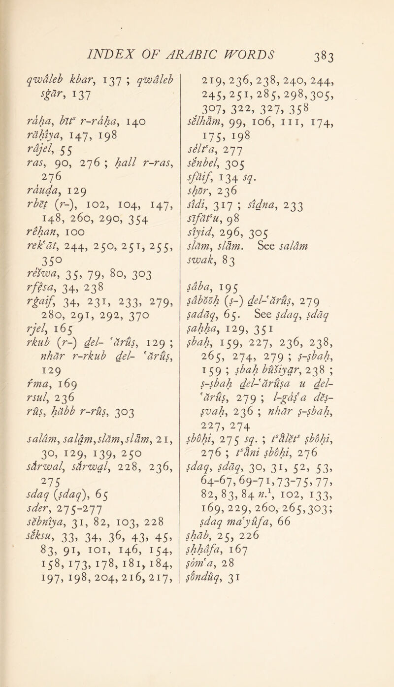 qwaleb kbar, 137 ; qwaleb sgar, 137 rdha, r-rdha, 140 rdhiya, 147, 198 raj el, 55 90, 276 ; hall r-ras, 276 rauda, 129 rte (r-), 102, 104, 147, ^ 148, 260, 290, 354 rehan, 100 rek'at, 244, 250, 251, 255, 350 35, 79, 80, 303 34, 238 34, 231, 233, 279, 280,291,292,370 rjel., 165 rkub (r-) ^/- 129 ; r-rkub del- 'arus, 129 169 rsul, 236 r#;, habb r-rds, 303 saldm, salqm,slam,sidm, 21, 30, 129, 139, 250 sfirwal, stirwql, 228, 236, 275 0%)> 65 275-277 sebmya, 31, 82, 103, 228 33. 34. 36, 43. 45> 83, 91, 101, 146, 154, 158, 173, 178, 181, 184, 197, 198, 204, 216, 217, 219,236,238,240,244, 245,251,285,298,305, . 307.322,327,358 selhdm, 99, 106, hi, 174, I75> 198 self a, 277 senbel\ 305 ■*/&/> 134 *?• 236 317 ; sidna, 233 sifafu, 98 jryzX 296, 305 slam, si dm. See saldm swak, 83 195 sdbooh (s-) del-Arus, 279 sadaq, 65. See sdaq, sdaq sahha, 129, 351 159,227,236,238, 265, 274* 279 > 5— 159 ; sbah b&liynr, 238 ; s-sbah del- drusa u del- Artis, 279 ; 1-gas'a des- svah, 236 ; #/z^r s-sbah, 227, 274 275 ; fdlef sbohi, 276 ; 276 sdaq, sdaq, 30? 3^» 5^5 53, 64-67,69-71,73-75,77, 82,83,84 102,133, 169,229,260,265,303; sdaq ma'yufa, 66 shdb, 25, 226 shhdfa, 167 som'a, 28 s'dndtiq, 31