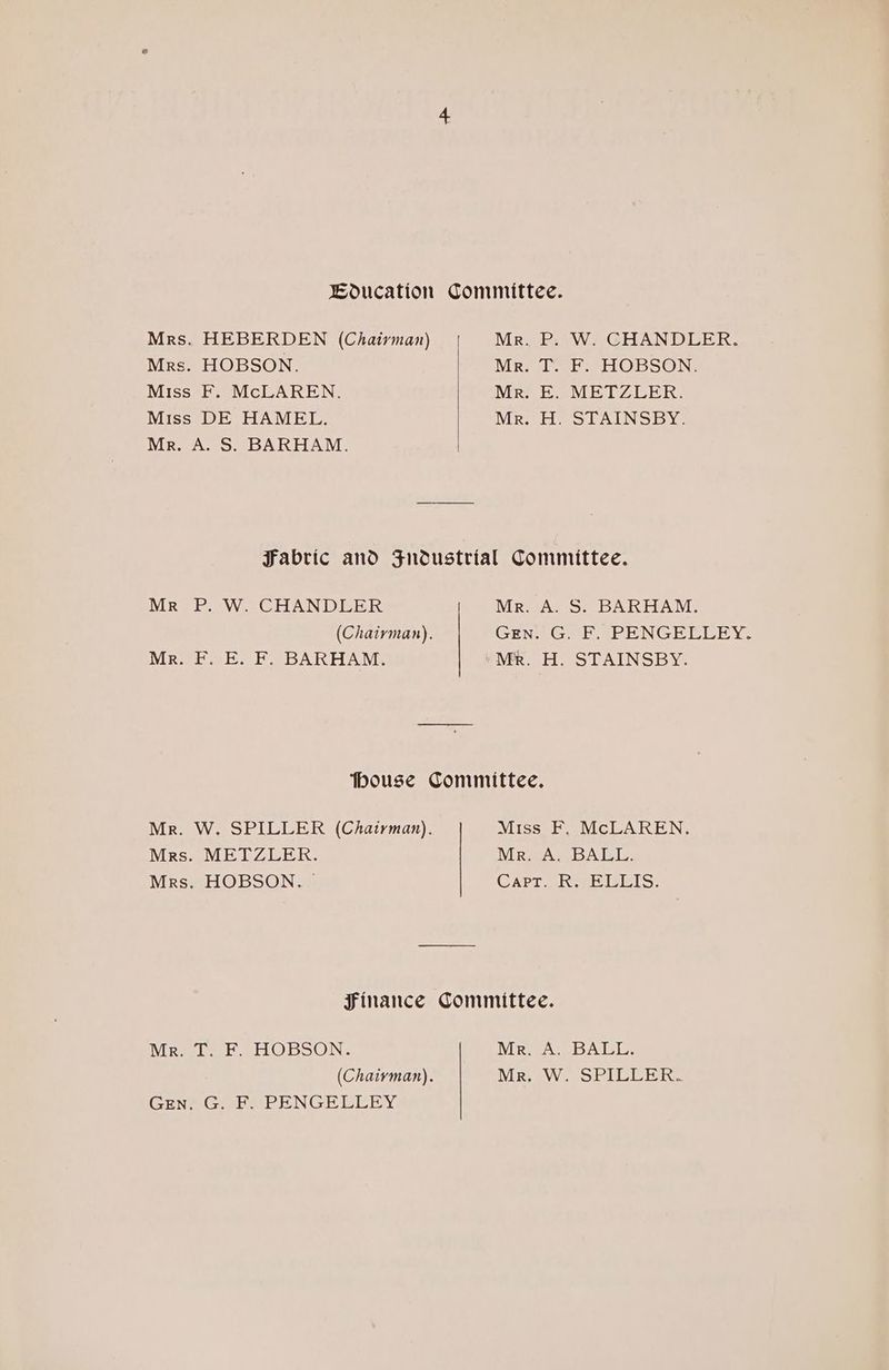 Hoducation Committec. Mrs. HEBERDEN (Chairman) Mr. P. W. CHANDLER. Mrs. HOBSON. Mr. T. F. HOBSON. Miss F. McLAREN. Mr. E. METZLER. Miss DE HAMEL. Mr. H. STAINSBY. Mr. A. S. BARHAM. Fabric and Fneustrial Committee. Mr P. W. CHANDLER Mr. A. S. BARHAM. (Chairman). GENT Gah SPE NGELUERY: Mr. #. E. F. BARHAM. ‘Mk. H. STAINSBY. house Committee. Mr. W. SPILLER (Chairman). Miss F. McLAREN. Mrs. METZLER. Mr. A. BALL. Mrs. HOBSON. | GAPT. Rese e(s: Finance Committec. Mr. T. F. HOBSON. Mr. A. BALL. (Chaivman). Mr. W. SPILLER. Gren. G. F. PENGELLEY