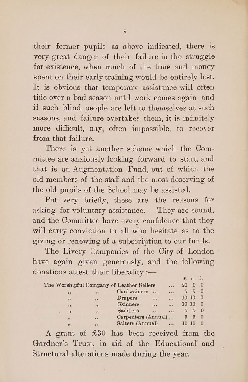 their former pupils as above indicated, there is very great danger of their failure in the struggle for existence, when much of the time and money spent on their early training would be entirely lost. It is obvious that temporary assistance will often tide over a bad season until work comes again and if such blind people are left to themselves at such seasons, and failure overtakes them, it is infinitely more difficult, nay, often impossible, to recover from that failure. There is yet another scheme which the Com- mittee are anxiously looking forward to start, and that is an Augmentation Fund, out of which the old members of the staff and the most deserving of the old pupils of the School may be assisted. Put very briefly, these are the reasons for asking for voluntary assistance. They are sound, and the Committee have every confidence that they will carry conviction to all who hesitate as to the giving or renewing of a subscription to our funds. The Livery Companies of the City of London have again given generously, and the following donations attest their liberality :-— oe isl The Worshipful Company of Leather Sellers oer gel ORG » “ Cordwainers ... aie 5 5-0 ” rv Drapers ne se IMO I ” ry Skinners ane ae A r ” Saddlers oe es 5 5 0 53 ‘3 Carpenters (Annual)... 5 5 0 + 4 Salters (Annual) Soa Ol10en0 A grant of £30 has been received from the Gardner’s Trust, in aid of the Educational and Structural alterations made during the year.