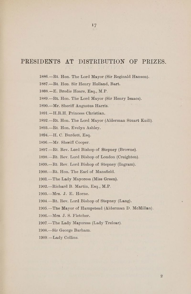 PRESIDENTS AT DISTRIBUTION OF PRIZES. 1886.—Rt. Hon. The Lord Mayor (Sir Reginald Hanson). 1887.—Rt. Hon. Sir Henry Holland, Bart. 1888.—E. Brodie Hoare, Esq., M. P. 1889.—Rt. Hon. The Lord Mayor (Sir Henry eae 1890.—Mr. Sheriff Augustus Harris. 1891.—H.R.H. Princess Christian. 1892.—Rt. Hon. The Lord Mayor agree Stuart Knill). 1893.—Rt. Hon. Evelyn Ashley. 1894.—H. C. Burdett, Esq. 1896.—Mr. Sheriff Cooper. 1897.—Rt. Rev. Lord Bishop of Stepney (Browne). 1898.—Rt. Rev. Lord Bishop of London (Creighton). 1899.—Rt. Rev. Lord Bishop of Stepney (Ingram). 1900.—Rt. Hon. The Earl of Mansfield. 1901.—The Lady Mayoress (Miss Green). 1902.—Richard B. Martin, Esq., M.P. 1903.—Mrs. J. E. Horne. 1904.—Rt. Rev. Lord Bishop of Stepney (Lang). 1905.—The Mayor of Hampstead (Alderman D. McMillan). 1906.—Mrs. J. S. Fletcher. 1907.—The Lady Mayoress (Lady Treloar). 1908.—Sir George Barham. 1909.—Lady Collins.