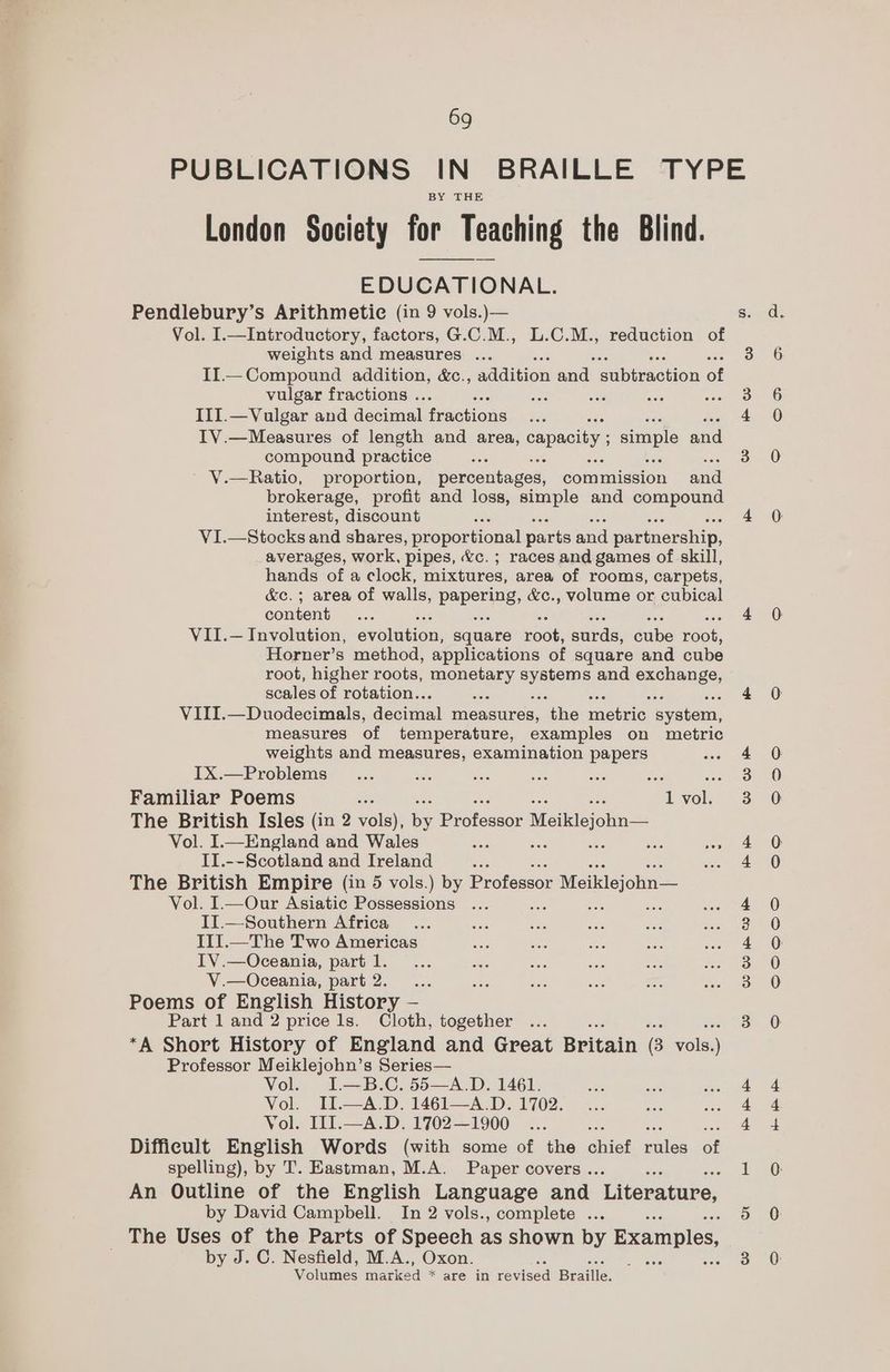 BY THE London Society for Teaching the Blind. EDUCATIONAL. Pendlebury’s Arithmetic (in 9 vols.)— Vol. I.—Introductory, factors, G.C.M., L.C.M., reduction of weights and measures ... : II.— Compound addition, &amp;c., addition and: Palimection of vulgar fractions . : oe wile ses Brie ITI.—Vulgar and decimal enone IV.—Measures of length and area, capacity simple and compound practice V.—Ratio, proportion, percentages, commission and brokerage, profit and loss, simple and compound interest, discount ee VI.—Stocks and shares, proportional parts and porinorstais averages, work, pipes, &amp;c.; races and games of skill, hands of a clock, mixtures, area of rooms, carpets, &amp;c.; area of walls, papers, &amp;c., volume or. cubical content Si VII.—Involution, evolution, equate eae enrds, oube ee Horner’s method, applications of Square and cube root, higher roots, oneery ee and spenenee scales of rotation.. , VIII.—Duodecimals, decimal measures, ‘the metric system, measures of temperature, examples on metric weights and measures, examination papers IX.—Problems : : : Familiar Poems : 1 vol. The British Isles (in 2 vole by Prbtessdr Meiklejohn — Vol. I.—England and Wales a II.--Scotland and Ireland Se The British Empire (in 5 vols.) by Protescer Melilejobn— Vol. I.—Our Asiatic Possessions a II.—Southern Africa III.—The Two Americas IV.—Oceania, part 1. V.—Oceania, part 2... Poems of English History — Part 1 and 2 price ls. Cloth, together *A Short History of England and Great Britain e ae Professor Meiklejohn’s Series— Vol. I.—B.C. 55—A.D. 1461. Vol. II.—A.D. 1461—A.D. 1702. Vol. III.—A.D. 1702—1900 Difficult English Words (with some of the chief falas of spelling), by T. Eastman, M.A. Paper covers. An Outline of the English Language and Literature, by David Campbell. In 2 vols., complete ... The Uses of the Parts of Speech as shown by Examples, by J. C. Nesfield, M.A., Oxon. ; elas marred * are in novieed Braille,