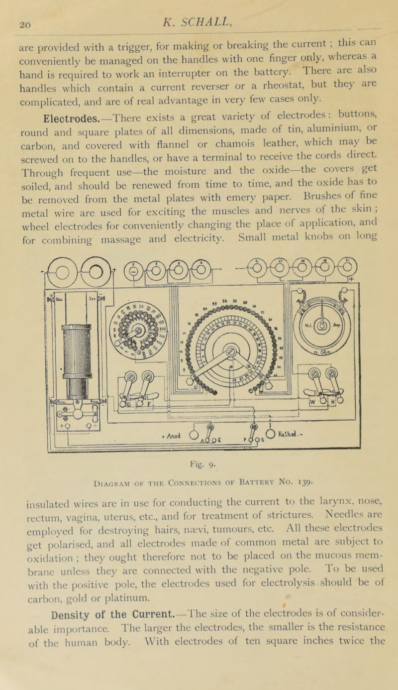 are provided with a trigger, for making or breaking the current ; this can conveniently be managed on the handles with one finger only, wheieas a hand is required to work an interrupter on the battery. Theie aie also handles which contain a current reverser or a rheostat, but they are complicated, and are of real advantage in very few cases only. Electrodes.—There exists a great variety of electrodes: buttons, round and square plates of all dimensions, made of tin, aluminium, or carbon, and covered with flannel or chamois leather, which ma)' be screwed on to the handles, or have a terminal to receive the cords direct. Through frequent use—the moisture and the oxide—the covers get soiled, and should be renewed from time to time, and the oxide has to be removed from the metal plates with emery paper. Brushes of fine metal wire are used for exciting the muscles and nerves ot the skin ; wheel electrodes for conveniently changing the place of application, and for combining massage and electricit}'. Small metal knobs on long Fig. 9. Diackam or THE Connections or Battery No. 139. insulated wires arc in use for conducting the current to the lai\nx, nose, rectum, vagina, uterus, etc., and for treatment of strictures. Needles are employed for destroying hair-s, n;evi, tumours, etc. All the.se electrodes get polarised, and all electrodes made of common metal are subject to o.xidation ; the)' ought therefore not to be placed on the mucous mem- brane unless the)’ are connected with the negative pole. I'o be used with the positive pole, the electrodes used for electrol)'sis should be of carbon, gold or platinum. Density of the Current.—'The size of the electrodes is of consider- able imijortance. The larger the electrodes, the smaller is the resistance of the human body. With electrodes of ten square inches twice the