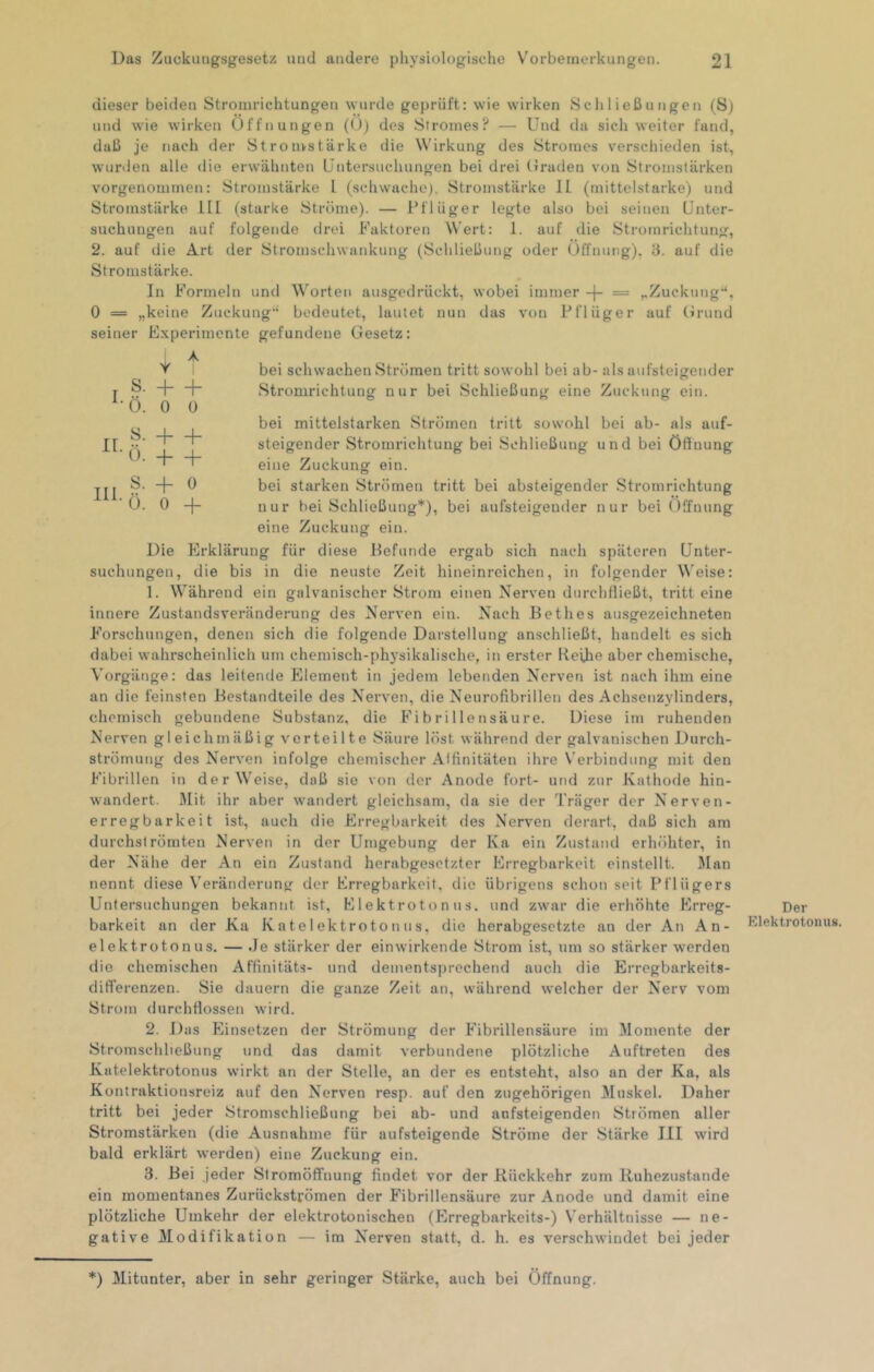 dieser beiden Stromrichtungen wurde geprüft: wie wirken Schließungen (S) lind wie wirken Öffnungen (0) des Stromes? — Und da sich weiter fand, daß je nach der Strouvstärke die Wirkung des Stromes verschieden ist, wurden alle die erwähnten Untersuchungen bei drei (»raden von Stromstärken vorgenominen: Stromstärke L (schwache), Stromstärke 11 (mittelstarke) und Stromstärke 111 (starke Ströme). — Pflüger legte also bei seinen Unter- suchungen auf folgende drei Faktoren Wert: 1. auf die Stromrichtuug, 2. auf die Art der Stromschwankung (Schließung oder Öffnung), 3. auf die Stromstärke. In Formeln und Worten ausgedrückt, wobei immer -j- = ,,Zuckung*‘, 0 == „keine Zuckung'“ bedeutet, lautet nun das von Pflüger auf Orund seiner Experimente gefundene Gesetz: bei schwachen Strömen tritt sowohl bei ab- als aufsteigender Stromrichtung nur bei Schließung eine Zuckung ein. bei mittelstarken Strömen tritt sowohl bei ab- als auf- steigender Stromrichtung bei Schließung und bei Öffnung eine Zuckung ein. bei starken Strömen tritt bei absteigender Stromrichtung nur bei Schließung*), bei aulsteigender nur bei Öffnung eine Zuckung ein. Die Erklärung für diese Befunde ergab sich nach späteren Unter- suchungen, die bis in die neuste Zeit hineinreichen, in folgender \\'eise: 1. Während ein galvanischer Strom einen Nerven durchfließt, tritt eine innere Zustandsveränderung des Nerven ein. Nach Bethes ausgezeichneten Forschungen, denen sich die folgende Darstellung anschließt, handelt es sich dabei wahrscheinlich um chemisch-physikalische, in erster lieilie aber chemische, Vorgänge: das leitende Element in jedem lebenden Nerven ist nach ihm eine an die feinsten Bestandteile des Nerven, die Neurofibrillen des Achsenzylinders, chemisch gebundene Substanz, die Fibrillen säure. Diese im ruhenden Nerven gleichmäßig verteilte Säure löst während der galvanischen Durch- strömung des Nerven infolge chemischer Affinitäten ihre V'erbindung mit den Fibrillen in der Weise, daß sie von der Anode fort- und zur Kathode hin- wandert. Mit ihr aber wandert gleichsam, da sie der Träger der Nerven- erregbarkeit ist, auch die Erregbarkeit des Nerven derart, daß sich am durchslrömten Nerven in der Umgebung der Ka ein Zustand erhöhter, in der Nähe der An ein Zustand herabgesetzter Erregbarkeit einstellt. Man nennt diese Veränderung der Erregbarkeit, die übrigens schon seit IMliigers Untersuchungen bekannt ist, E lektroto n ns. und zwar die erhöhte Erreg- barkeit an der Ka Katelektrotonus, die herabgesetzte an der An An- elektrotonus, — Je stärker der ein wirkende Strom ist, um so stärker werden die chemischen Affinitäts- und dementsprechend auch die Erregbarkeits- differenzen. Sie dauern die ganze Zeit an, während welcher der Nerv vom Strom durchflossen wird. 2. Das Einsetzen der Strömung der Fibrillensäure im Momente der Stromschließung und das damit verbundene plötzliche Auftreten des Katelektrotonus wirkt an der Stelle, an der es entsteht, also an der Ka, als Kontraktionsreiz auf den Nerven resp. auf den zugehörigen 3Iuskel. Daher tritt bei jeder Stromschließung bei ab- und anfsteigenden Strömen aller Stromstärken (die Ausnahme für aufsteigende Ströme der Stärke Jll wird bald erklärt werden) eine Zuckung ein. 3. Bei jeder SlromöfiFnung findet vor der Rückkehr zum Ruhezustände ein momentanes Zurückströmen der Fibrillensäure zur Anode und damit eine plötzliche Umkehr der elektrotonischen (Erregbarkeits-) Verhältnisse — ne- gative Modifikation — im Nerven statt, d. h. es verschwindet bei jeder A y I T H—i“ 0. 0 0 ir. s. -+- -f 0. -I- -f 111 ^ 0 -f Der Elektrotomis. *) Mitunter, aber in sehr geringer Stärke, auch bei Öffnung.