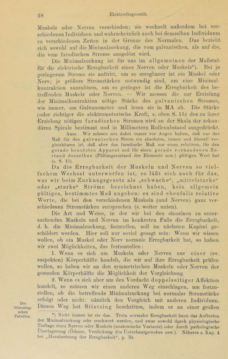 Die Stintzing- Hchen Tabellen. Muskels oder Nerven verschieden; sie wechselt außerdem bei ver- schiedenen Individuen und walirscheinlich auch bei demselben Individuum zu verschiedenen Zeiten in der Grenze des Normalen. Das bezieht sich sowohl auf die Mininialzuckung, die vom galvanischen, als auf die, die vom faradischen Strome ausgelöst wird. Die Minimalzuckung ist für uns im allgemeinen der Maßstab für die elektrische Erregbarkeit eines Nerven oder Muskels*). Bei je geringerem Strome sie auftritt, um so erregbarer ist ein Muskel oder Nerv; je größere Stromstärken notwendig sind, um eine Minimal- kootraktiou auszulösen, um so geringer ist die Erregbarkeit des be- treffenden Muskels oder Nerven. — Wir messen die zur Erzielung der Minimalkontraktion nötige Stärke des galvanischen Stromes, wie immer, am Galvanometer und lesen sie in MA ab. Die Stärke (oder richtiger die elektromotorische Kraft, s. oben S. 15) des zu ilirer Erzielung nötigen faradischen Stromes wird an der Skala der sekun- dären Spirale bestimmt und in Millimetern Kollenabstand ausgedrückt. Anm. Wir müssen uns dabei immer vor Augen halten, daß mir das Jlaß für den galvanischen Strom ein absolutes, immer und überall ver- gleichbares ist, daß aber das faradische Maß nur einen relativen, für den gerade benutzten Apparat und für einen gerade vorhandenen Zu- stand desselben (Füllungszustand der Elemente usw.) gültigen Wert hat (s. S. 15). Da die Erregbarkeit der Muskeln und Nerven so viel- fachem Wechsel unterworfen ist, so läßt sich auch für das, was wir beim Zuckungsgesetz als „schwache“, „mittelstarke“ oder „starke“ Ströme bezeichnet haben, kein allgemein gültiges, bestimmtes Maß angeben: es sind ebenfalls relative Werte, die bei den verschiedenen Muskeln (und Nerven) ganz ver- schiedenen Stromstärken entsprechen (s. weiter unten). Die Art und Weise, in der wir bei den einzelnen zu unter- suchenden Muskeln und Nerven im konkreten Falle die Erregbarkeit, d. h. die IMinimalzuckung, feststelleu, soll im nächsten Kapitel ge- schildert werden. Hier soll nur soviel gesagt sein: Wenn wir wissen wollen, ob ein Muskel oder Nerv normale Erregbarkeit hat, so haben wir zwei Möglichkeiten, das festzustellen : 1. Wenn es sich um Muskeln oder Nerven nur einer (ev, suspekten) Körperhälfte handelt, die wir auf ihre Erregbarkeit prüfen wollen, so haben wir an den symmetrischen Muskeln oder Nerven der gesunden Körperhälfte die Möglichkeit der Vergleichung. 2. Wenn es sich aber um den Verdacht doppelseitiger Affektion handelt, so müssen wir einen anderen Weg einschlagen, um festzu- stellen, oh die betreffende Minimalzuckung bei normaler Stromstärke erfolgt oder nicht: nämlich den Vergleich mit anderen Individuen. Diesen Weg hat Stintzing beschriften, indem er an einer großen *) Nicht immer ist sie das. Trotz normaler Erregbarkeit kann das Auftreten der Minimalzuckiing sehr erschwert werden, und zwar sowohl durch physiologische lieflage eines Nerven oder Muskels (anatomische Variante) oder durch pathologische Überlagerung (Ödeme, Verdickung des Unferhautgewebes usw.). Näheres s. Ka]). 4 bei ,.Herabsetzung der Erregbarkeit“, p. 70.