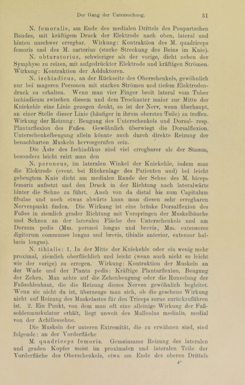 N. femoralis, am Ende des medialen Drittels des Poupartschen Bandes, mit kräftigem Druck der Elektrode nach oben, lateral und hinten unschwer erregbar. Wirkung; Kontraktion des M. quadriceps fenioris und des M. sartorius (starke Streckung des Beins im Knie). N. obturatorius, schwieriger als der vorige, dicht neben der Symphyse zu reizen, mit aufgedrückter Elektrode und kräftigen Strömen. Wirkung: Kontraktion der Adduktoren. N. ischiadicus, an der Rückseite des Oberschenkels, gewöhnlich nur bei mageren Personen mit starken Strömen und tiefem Elektroden- druck zu erhalten. Wenn man vier Finger breit lateral vom Tuber ischiadicum zwischen diesem und dem Trochanter maior zur Mitte der Kniekehle eine Linie gezogen denkt, so ist der Kerv, wenn überhaupt, an einer Stelle dieser Linie (häutiger in ihrem obersten Teile) zu treffen. Wirkung der Reizung: Beugung des Unterschenkels und Dorsal- resp. PlantarÜe.xion des Fußes. Gewöhnlich überwiegt die Dorsalflexion. Unterschenkelbeugung allein könnte auch durch direkte Reizung der benachbarten Muskeln hervorgerufen sein. Die Äste des Ischiadikus sind viel erregbarer als der Stamm, besonders leicht reizt man den N. peroneus, im lateralen Winkel der Kniekehle, indem man die Elektrode (event. bei Rückenlage des Patienten und) bei leicht gebeugtem Knie dicht am medialen Rande der Sehne des M. biceps femoris aufsetzt und den Druck in der Richtung nach lateralwärts hinter die Sehne zu führt. Auch von da distal bis zum Capitulum fibulae und noch etwas abwärts kann man diesen sehr erregbaren Nervenpunkt finden. Die Wirkung ist eine brüske Dorsalflexion des Fußes in ziemlich grader Richtung mit Vorspringen der Muskelbäuche und Sehnen an der lateralen Fläche des Unterschenkels und am Dorsum pedis (Mm. peronei longus und brevis. Mm. extensores digitorum communes longus und brevis, tibialis anterior, extensor hal- lucis longus). N. tibialis: 1. In der IMitte der Kniekehle oder ein wenig mehr proximal, ziemlich oberflächlich und leicht (wenn auch nicht so leicht wie der vorige) zu erregen. Wirkung: Kontraktion der Muskeln an der Wade und der Planta pedis: Kräftige Plantarflexion, Beugung der Zehen. Man aclite auf die Zehenbeugung oder die Runzelung der Fußsohleidiaut, die die Reizung dieses Nerven gewöhnlich begleitet. Wenn sie nicht da ist, überzeuge man sich, ob die gesehene Wirkung nicht auf Reizung des Muskelastes für den Triceps surae zurückzuführen ist. 2. Ein Punkt, von dem man oft eine alleinige Wirkung der Fuß- sohlenmuskulatur erhält, liegt unweit des Malleolus medialis, medial von der Achillessehne. Die Muskeln der unteren Extremität, die zu erwähnen sind, sind folgende: an der Vorderlläche M. quadriceps f emoris. Gemeinsame Reizung des lateralen und graden Kopfes meist im proximalen und lateralen Teile der Vorderfläche des Oberschenkels, etwa am Ende des oberen Drittels 4*