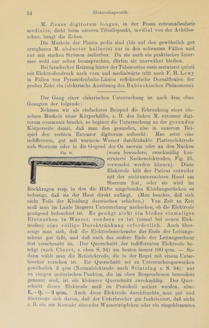 M. flexor digitorum longus, in der Fossa retromalleolaris medialis, dicht beim unteren Tibialispimkt, medial von der Acbilles- sebne, beugt die Zehen. Die Muskeln der Planta pedis sind (bis auf den gewöbnlicb gut erregbaren M. abductor ballucis) nur in den seltensten Fällen und nur mit starken Strömen isolierbar. Da sie auch ein praktisches Inter- esse wohl nur selten beanspruchen, dürfen sie unerwähnt bleiben. Bei faradischer Reizung hinter der Tuberositas ossis metatarsi fpainti mit Elektrodendruck nach vorn und medialwärts tritt nach F. H. Lewy in Fällen von Pyramidenbahn-Läsion reflektorische Dorsalflexion der großen Zehe ein (elektrische Auslösung des Babinskischen Phänomens). Der Gang einer elektrischen Untersuchung ist nach dem oben Gesagten der folgende: Nehmen wir als einfachstes Beispiel die Erkrankung eines ein- zelnen Muskels einer Körperhälfte, z. B, des linken M. extensor digi- torum communis brachii, so beginnt die Untersuchung an der gesunden Körperseite damit, daß man den gesunden, also in unserem Bei- spiel den rechten Extensor digitorum aufsucht: Man setzt eine indifferente, gut mit warmem Wasser durchtränkte Plattenelektrode aufs Sternum oder in die Gegend des Os sacrum oder an den Nacken Fig. 25. (wozu besondere, zweckmäßig kon- struierte Nackenelektroden, Fig. 25, verwendet werden können). Diese Elektrode hält der Patient entweder mit der nichtuntersuchten Hand am Sternum fest, oder sie wird im Rockkragen resp. in den die Hüfte umgebenden Kleidungsstücken so befestigt, daß sie der Haut direkt aufliegt. (Man beachte, daß sich nicht Teile der Kleidung dazwischen schieben.) Von Zeit zu Zeit muß man im Laufe längerer Untersuchung nachsehen, ob die Elektrode genügend befeuchtet ist. Es genügt nicht ein bloßes einmaliges Eintauchen in Wasser, sondern es ist (zumal bei neuen Elek- troden) eine völlige Durchtränkung erforderlich. Auch über- zeuge man sich, daß die Elektrodenschrauhe das Ende der Leitungs- schnur gut faßt, und daß auch das andere Ende der Leituugsschnur fest verschrau])t ist. Der (Querschnitt der indifferenten Elektrode be- trägt (nach CI uz et, s. oben S. 34) am besten immer 100 qcm. — So- dann wählt man die Reizelektrode, die in der Regel mit einem Unter- brecher versehen ist. Ihr Querschnitt sei zu Untersuchungszwecken gewöhnlich 3 qcm (Normalelektrode nach Stintzing s. S. 34); nur au einigen motorischen PuidRen, die im oben Besprochenen l)esonders genannt sind, ist ein kleinerer (Querschnitt zweckmäßig. Der Quer- schnitt dieser Elektrode muß im Protokoll notiert werden, also: E.—(J. 3 (jcin. Auch diese Elektrode durchfeuchte man gut und überzeuge sich davon, daß der Unterbrecher gut funktioniert, daß nicht z. B. ein am Kontakt sitzendes Wassertröpfchen oder ein eingeklemmtes