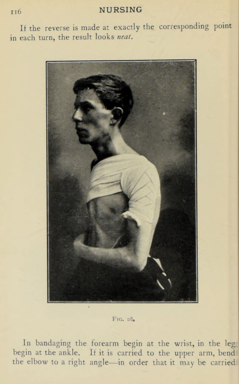 If the reverse is made at exactly the corresponding point in each turn, the result looks neat. Fig. 28, In bandaging the forearm begin at the wrist, in the leg. begin at the ankle. If it is carried to the upper arm, bend the elbow to a right angle—in order that it may be carried