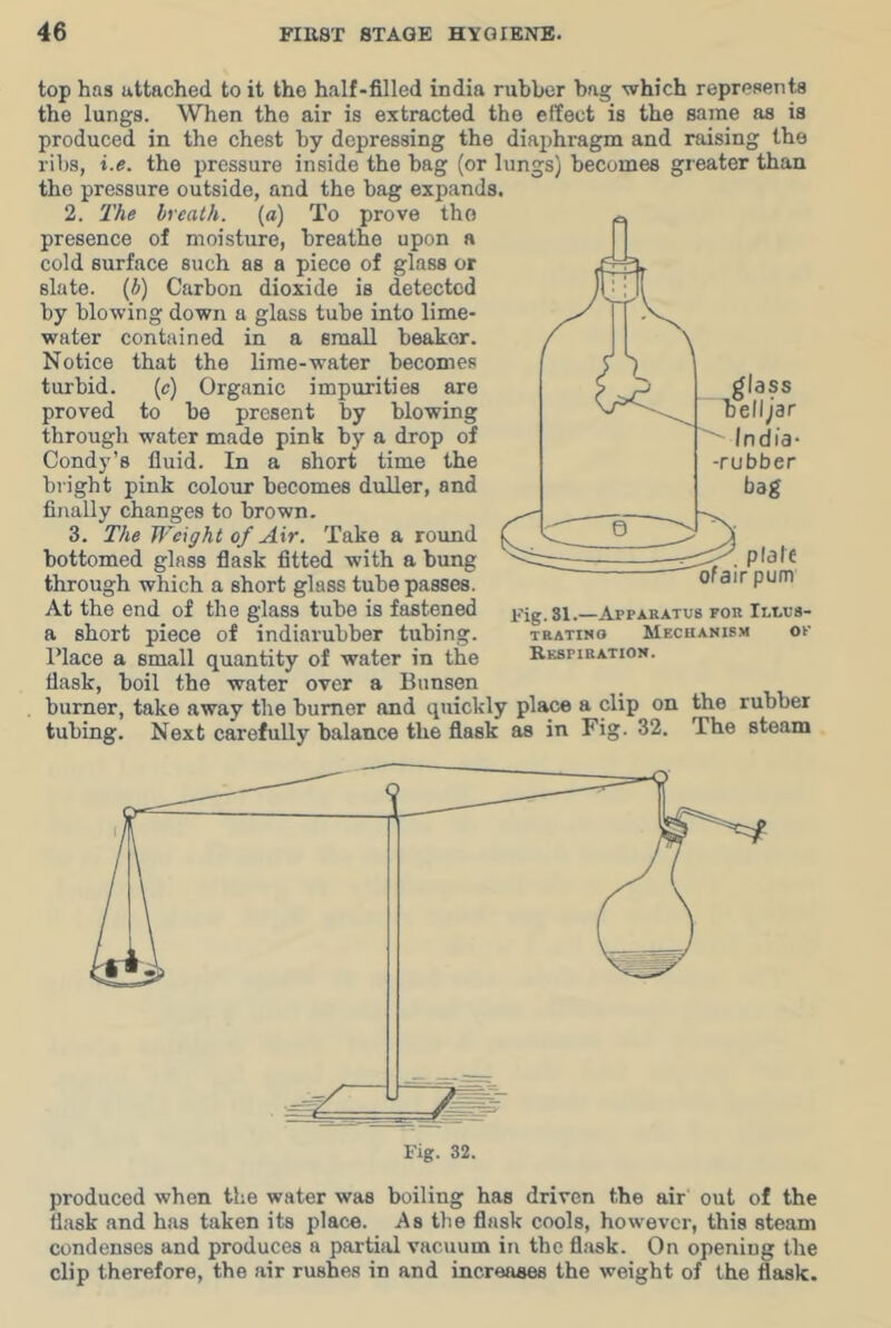 top has attached to it the half-filled india rubber bag which represents the lungs. When the air is extracted the effect is the same as is produced in the chest by depressing the diaphragm and raising the ribs, i.e. the pressure inside the bag (or lungs) becomes greater than the pressure outside, and the bag expands. 2. The breath, (a) To prove the presence of moisture, breathe upon a cold surface such as a piece of glass or slate, (b) Carbon dioxide is detected by blowing down a glass tube into lime- water contained in a small beaker. Notice that the lime-water becomes turbid. (c) Organic impurities are proved to be present by blowing through water made pink by a drop of Condy’s fluid. In a short time the bright pink colour becomes duller, and finally changes to brown. 3. The Weight of Air, Take a round bottomed glass flask fltted with a bung through which a short glass tube passes. At the end of the glass tube is fastened a short piece of indiarubber tubing. Place a small quantity of water in the flask, boil the water over a Bunsen _ burner, take away the burner and quickly place a clip on the rubber tubing. Next carefully balance the flask as in Fig. 32. The steam glass 'belljar ndia- -rubber bag plale ofairpum Fig. SI.—Apparatus for Intus- TRATiNo Mechanism or Respiration. produced when the water was boiling has driven the air out of the flask and has taken its place. As the flask cools, however, this steam condenses and produces a partial vacuum in the flask. On opening the clip therefore, the air rushes in and increases the weight of the flask.