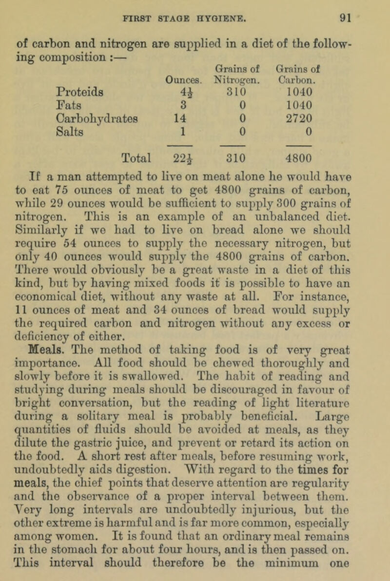 of carbon and nitrogen are supplied in a diet of the follow- ing composition :— Proteids Ounces. Grains of Nitrogen. 310 Grains of Carbon. 1040 Fats 3 0 1040 Carbohydrates 14 0 2720 Salts 1 0 0 Total 22^ 310 4800 If a man attempted to live on meat alone he would have to eat 75 ounces of moat to get 4800 grains of carbon, while 29 ounces would be sufficient to supply 300 grains of nitrogen. This is an example of an unbalanced diet. Similarly if we had to live on bread alone we should require 54 ounces to supply the necessary nitrogen, but only 40 ounces would supply the 4800 grains of carbon. There would obviously be a great waste in a diet of this kind, but by having mixed foods it is possible to have an economical diet, without any waste at all. For instance, 11 ounces of meat and 34 ounces of bread would supply the required carbon and nitrogen without any excess or deficiency of either. Meals. The method of taking food is of very great importance. All food should be chewed thoroughly and slowly before it is swallowed. The habit of reading and studying during meals should be discouraged in favour of bright conversation, but the reading of light literature during a solitary meal is probably beneficial. Largo quantities of fluids should be avoided at meals, as they dilute the gastric juice, and prevent or retard its action on the food. A short rest after meals, before resuming work, undoubtedly aids digestion. With regard to the times for meals, the chief points that deseiwe attention are regularity and tlie obseiwance of a proper interval between them. Very long intervals are undoubtedly injurious, but the other extreme is harmful and is far more common, especially among women. It is found that an ordinary meal remains in the stomach for about four hours, and is then passed on. This interval should therefore be the minimum one