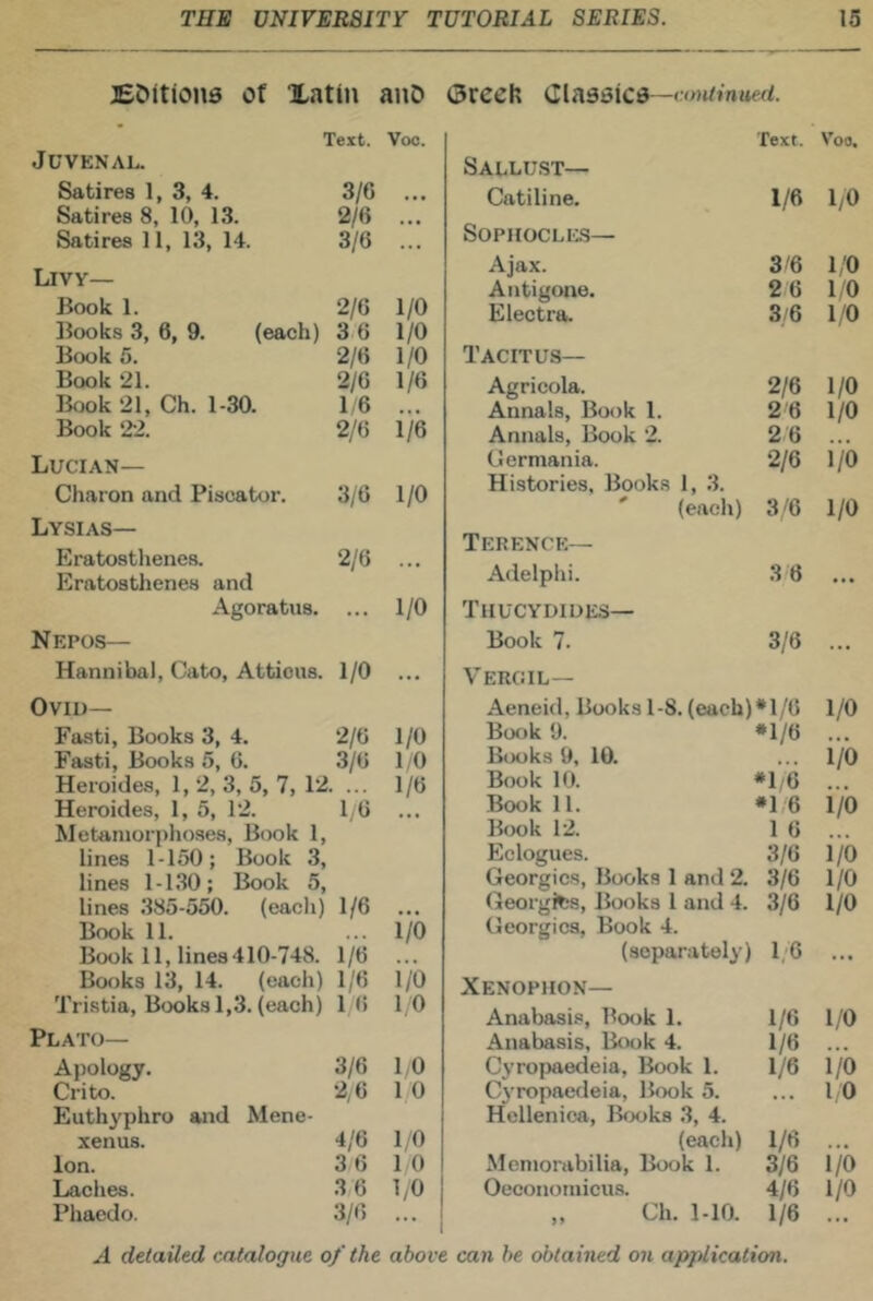 JEDitions of Xatin anO (3reeh CiA33ice—<,mtinue(i. Text. Voc. Juvenal. Satires 1, 3, 4. 3/6 ... Satires 8, 10, 13. 2/6 Satires 11, 13, 14. 3/6 ... Livy— Book 1. 2/6 1/0 Books 3, 6, 9. (each) 3 6 1/0 Book 5. 2/6 I/O Book 21. 2/6 1/6 Book 21, Ch. 1-30. 1/6 Book 22. 2/6 i/6 Lucian— Charon and Piscator. 3/0 1/0 Lysias— Eratosthenes. 2/6 ... Eratosthenes and Agoratus. ... 1/0 Nepos— Hannibal, Cato, Attious. 1/0 Ovid— Fasti, Books 3, 4. 2/6 1/0 Fasti, Books 5, 6. 3/6 1/0 Heroides, 1, 2, 3, 5, 7, 12. ... 1/6 Heroides, 1, 5, 12. 16 Metamoriihoses, Book 1, lines 1-150; Book 3, lines 1-130; Book 5, lines 385-550. (eacli) 1/6 Book 11. ... 1/0 Book 11, lines 410-748. 1/6 Books 13, 14. (each) 1/6 i/b Tristia, Books 1,3. (each) 1 6 1,0 LATO— Apology. 3/6 1,0 Crito. 2,6 1 0 Euthyphro and Mene- xenus. 4/6 1/0 Ion. 36 10 Laches. .3,6 I/O Phacdo. 3/6 Text. Voo. Sallust— Catiline. 1/6 1/0 SopnocLE.s— Ajax. 3/6 1/0 Antigone. 2 6 1,0 Electra. 3/6 1/0 Tacitus— Agricola. 2/6 1 /O Annals, Book 1. 2'6 1/0 Annals, Book 2. 2 6 (Jermania. 2/6 1/0 Histories. Books 1, 3. ' (each) 3/6 1/0 Terence— Adelphi. 3 6 Thucydides— Book 7. 3/6 ... Vergil— Aeneid, Books 1-8. (each)*l/6 Book 9. *1/6 Books 9, 10. Book 10. *1,6 Book 11. *1/6 Book 12. 16 Eclogues. 3/6 Georgies, Books 1 and 2. 3/6 Georgifcs, Books 1 and 4. 3/6 Georgies, Book 4. (separately) 16 1/0 i/b i/b i/b 1/0 1/0 Xenophon— Anabasis, T^ook 1. 1/6 1/0 Anabasis, Book 4. 1/6 ... Cyropaedeia, Book 1. 1/6 1/0 Cj ropaedeia, Book 5. ... 10 Hellenica, Books 3, 4. (each) 1/6 ... Memorabilia, Book 1. 3/6 1/0 Oeconomicus. 4/6 1 /O „ Ch. 1-10. 1/6 ... A detailed catalogue of the above can he obtained on application.