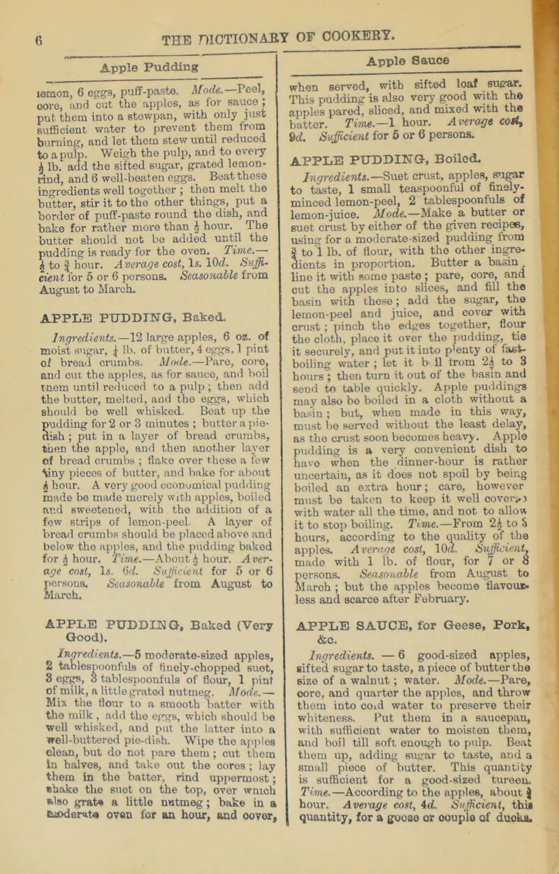 Apple Pudding lemon, 6 oggs, puff-paste, Peel, core, iiDci c\it tbe apples, as for sauce ; put them into a stowpan, with only just sufficient water to prevent them from burning, and let them stew until reduced to a pulp. Weigh the pulp, and to every ^ lb. add the sifted sugar, grated lemon- rind, and 6 well-boat eu eggs. Beat those ingredients well together ; then molt the butter, stir it to the other things, put a border of puff-paste round the dish, and bake for rather more than ^ hour._ The butter should not be added until the pudding is ready for tho oven. Time.— ^ to 5 hour. Average cost, Is. lOc^. Suffi- cient for 5 or 6 persons. Seasonable from August to March. APPLE PUDDING, Baked. imyrerfigwis.—12 large apples, 6 oz. of moist sugar, ^ Ih. of butter, 4 eggs. 1 pint of bread cnmibs. Mode.—Pare, core, and cut, the apples, as for sauce, and boil tnem until reduced to a pulp; then add the butter, melted, and the eggs, which should be well whisked. Boat up the udding for 2 or 3 minutes ; butter apio- ish ; put in a layer of bread crumbs, then the apple, and then another layer of bread crumbs ; flake over these a few \iny pieces of butter, and bake for about ^ hotir. A very good economical pudding made be made merely with apples, boiled and sweetened, with the addition of a few strips of lemon-peel. A layer of broad crumbs should bo placed above and below the apples, and the pudding baked for A hour. Time.—About ^ hour. Aver- age cost, 1^. (id. Sufficient for 5 or 6 p'orsous. Seasonable from August to March. APPLE PUDDING, Baked {Very Good). Inaredicnts.—6 moderate-sized apples, 2 tablespoon fills of finely-chopped suet, 3 eg^, 3 tablospoonfuls of flour, 1 pint of milk, a little grated nutmeg. Mode.— Mix the flour to a smooth natter with the milk , add the eggs, which should be well whisked, and put the latter into a well-buttered pie-dish. Wipe the afiplos clean, but do not pare them; cut them In halves, and take out the cores ; lay them in the batter, rind uppermost; ■hake tho suet on the top, over wnich ■Iso grat« a little nutmeg; bake in a fcfloderata ovan for an hour, and oovor. Apple Sauce when served, with sifted loaf sugar. This pudding is also very good with the apples pared, sliced, and mixed with the batter. Time.—\ hour. Average coift 9d. Suffiicient for 6 or 6 persons. APPLE PUDDING, Boiled. Ingredients.—Suet crust, apples, siigar to taste, 1 small teaspoonful of finely- minced lemon-peel, 2 tablespoonfuls of lemon-juice. 3Iode.—Make a butter or suet crust by either of the given recipee, using for a moderate sized pudding from I to 1 lb. of flour, with tho other ing-re- dients in proportion. Butter a basin, line it with some paste; pare, core, and cut tho apples into slices, and fill the basin with these; add the sugar, the lemon-peel and juice, and cover with crust ; iiinch the edges together, floiir the cloth, place it over tho pudding, tie it securely, and put it into p'enty ot fast- boiling water ; let it b 11 Irom to 3 hours ; then turn it out of the basin and send to table quickly. Apple puddings may also bo boiled in a cloth without a basin; but, when made in this way, must be served w'ithout the least delay, as tho crust soon becomes heavy. Apple pudding is a very convenient dLsh to have when the dinner-hour is rather uncertain, as it does not spoil by being boiled an extra hour; care, however must be taken to keep it well cover>> with water all the time, and not to allow it to stop boiling. Time.—From 2.J to 3 hours, according to the qxiality of the apples. Average cost, lOa. Sufficient, made with 1 lb. of flour, for 7 or 8 persons. Seasonable from August to March ; but the apples become flavour- less and scarce after February'. APPLE SAUCE, for Geese, Pork, &c. Ingredients. — 6 good-sized apples, sifted sugar to taste, apiece of butter the size of a walnut; water. Mode.—Pare, core, and quarter the apples, and throw them into coid water to preserve their whiteness. Put them in a saucepan, with sufficient water to moisten them, and boil till soft enough to pulp. Beat them up, adding sugar to ta.ste, and a small piece of butter. This quantity is suflacient for a good-sized tureon. Time.—According to tho apples, about ) hour. Average cost, 4d. Sufficient, this quantity, for a goose or couple of duoka.