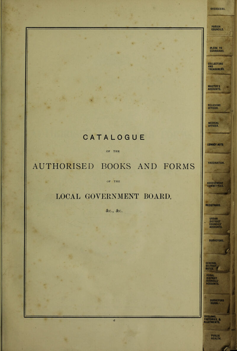 CATALOGUE AUTHORISED BOOKS AND FORMS LOCAL GOVERNMENT BOARD, &c., &c. PARISH i'. COUNCILS.^ rf; CLERK TO' GUARDIANS. MASTER'S' Tl! ACCOUNTS. RELIEVING OFFICER. MEDICAL 'i- ^ ■ ..OFFICER. 1 LUNACY ACTS VACCINATION. REGISTRARS. v t -J, BYEUWS, FACTORIES, & ALLOTMENTS.