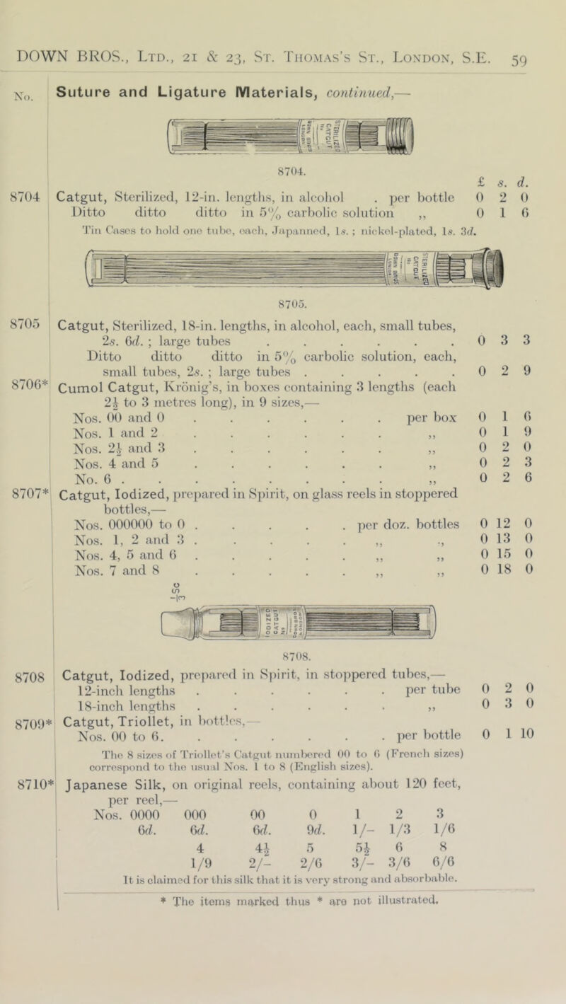 No. 8704 Suture and Ligature Materials, continued,— Catgut, Sterilized, 12-iii. lengtlis, in aleoliol . per bottle 0 Ditto ditto ditto in 5% earbolie solution ,, 0 Tin Cases to hold one tube, oaeli, .Tapaiiiiocl, 1.9. ; iiiekol-platod. Is. 'id. S. d. 2 0 1 0 87U5. 8705 Catgut, Sterilized, 18-in. lengths, in alcohol, each, small tubes, 2.S. Q)d. ; large tubes ...... Ditto ditto ditto in 5% carbolic solution, each, small tubes, 2.'^. ; large tubes ..... 8700* Cumol Catgut, Kronig’s, in bo.xes containing 3 lengths (each 2i to 3 metres long), in 9 sizes,— Nos. 00 and 0 ..... . per hox Nos. 1 and 2 ..... . ,, Nos. 2.1 and 3 ..... . ,, Nos. 4 and 5 ..... . „ No. 6 ....... . 8707* Catgut, Iodized, prepared in Spirit, on gla.ss reels in stoppered bottles,— Nos. 000000 to 0 . . . . . per doz. bottles Nos. 1, 2 and 3 Nos. 4, 5 and 0 ..... ,, „ Nos. 7 and 8 ..... ,, ,, O in -lr> 0 3 3 0 2 9 0 1 fi 0 1 9 0 2 0 0 2 3 0 2 6 0 12 0 0 13 0 0 15 0 0 18 0 8708. 8708 Catgut, Iodized, prepared in Spirit, in stoi)percd tubes,— 12-inch lengths per tube 0 2 0 18-inch lengths . . . . . . ,, 0 3 0 8709* Catgut, Triollet, in bottles,— Nos. 00 to 6. . . . . . . ])er bottle 0 1 10 The 8 sizos of Triollot’s Catgut luiinlx'rf'tl 00 t<i 0 (Frondi .sizes) correspond to the iisinil Nos. I to 8 (English sizes). 8710* Japanese Silk, oit original reels, containing about 120 feet, per reel,— Nos. 0000 000 00 0 1 2 3 Gd. Gd. Grl. 9d. v- 1/3 1/6 4 4} 5 6 8 1/9 2/- 2/6 •V- 3/6 6/6 It is claimed for this silk that it is very strong and absorhahle.