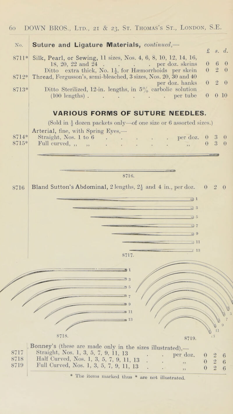 No. Suture and Ligature Materials, continued,— £ s. d. 8711* Silk, Pearl, or Sewing, 11 sizes, Nos. 4, G, 8, 10, 12, 14, 16, 18, 20, 22 and 24 . . . . per doz. skeins 0 6 0 Ditto extra thick. No. 1^, for Haemorrlioids per skein 0 2 0 8712* Thread, Fergusson’s, senii-bleaclied, 3 sizes. Nos. 20, 30 and 40 per doz. hanks 0 2 0 8713* Ditto Sterilized, 12-in. lengths, in 5% carbolic solution (100 lengths) ...... per tube 0 0 10 VARIOUS FORMS OF SUTURE NEEDLES. (Sold in J- dozen packets onl}''—.of one size or 6 as.sorted sizes.) Arterial, fine, -with Spring Eyes,—• 8714*j Straight, Nos. 1 to 6 . . . . . per doz. 0 3 0 8715*! Full curved, ,, ,, ..... ,, 030 8710. 8716 Bland Sutton’s Abdominal, 2 lengths, 24 and 4 in., per doz. 0 2 0 1 ^ 3 ^ 7 ^— u) 9 ■■ — : ; 13 8717. 0 2 6 0 2 6 0 2 6