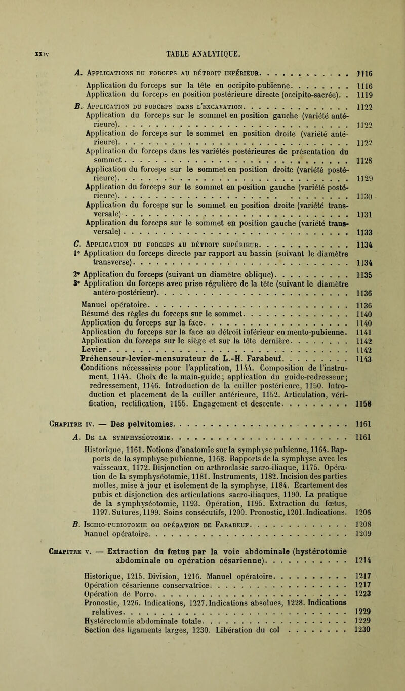 A. Applications du forceps au détroit inférieur J116 Application du forceps sur la tête en occipito-pubienne 1116 Application du forceps en position postérieure directe (occipito-sacrée). . 1119 B. Application du forceps dans l’excavation 1122 Application du forceps sur le sommet en position gauche (variété anté- rieure) 1122 Application de forceps sur le sommet en position droite (variété anté- rieure) 1122 Application du forceps dans tes variétés postérieures de présentation du sommet 1128 Application du forceps sur le sommet en position droite (variété posté- rieure) 1129 Application du forceps sur le sommet en position gauche (variété posté- rieure) 1130 Application du forceps sur le sommet en position droite (variété trans- versale) 1131 Application du forceps sur le sommet en position gauche (variété trans- versale) 1133 C. Application du forceps au détroit supérieur 1134 1» Application du forceps directe par rapport au bassin (suivant le diamètre transverse) 1134 2* Application du forceps (suivant un diamètre oblique) 1135 3* Application du forceps avec prise régulière de la tête (suivant le diamètre antéro-postérieur) 1136 Manuel opératoire 1136 Résumé des règles du forceps sur le sommet 1140 Application du forceps sur la face 1140 Application du forceps sur la face au détroit inférieur enmento-pubienne. 1141 Application du forceps sur le siège et sur la tête dernière 1142 Levier 1142 Préhenseur-levier-mensurateur de L.-H. Farabeuf 1143 Conditions nécessaires pour l’application, 1144. Composition de l’instru- ment, 1144. Choix de la main-guide; application du guide-redresseur; redressement, 1146. Introduction de la cuiller postérieure, 1150. Intro- duction et placement de la cuiller antérieure, 1152. Articulation, véri- fication, rectification, 1155. Engagement et descente 1158 Chapitre iv. — Des pelvitomies 1161 A. De la symphyséotomie 1161 Historique, 1161. Notions d’anatomie sur la symphyse pubienne, 1164. Rap- ports de la symphyse pubienne, 1168. Rapports de la symphyse avec les vaisseaux, 1172. Disjonction ou arthroclasie sacro-iliaque, 1175. Opéra- tion de la symphyséotomie, 1181. Instruments, 1182. Incision des parties molles, mise à jour et isolement de la symphyse, 1184. Écartement des pubis et disjonction désarticulations sacro-iliaques, 1190. La pratique de la symphyséotomie, 1193. Opération, 1195. Extraction du fœtus, 1197. Sutures, 1199. Soins consécutifs, 1200. Pronostic, 1201. Indications. 1206 B. Ischio-pubiotomie ou opération de Farabeuf 1208 Manuel opératoire 1209 Chapitre v. — Extraction du fœtus par la voie abdominale (hystérotomie abdominale ou opération césarienne) 1214 Historique, 1215. Division, 1216. Manuel opératoire 1217 Opération césarienne conservatrice 1217 Opération de Porro .... 1223 Pronostic, 1226. Indications, 1227. Indications absolues, 1228. Indications relatives 1229 Hystérectomie abdominale totale 1229 Section des ligaments larges, 1230. Libération du col 1230