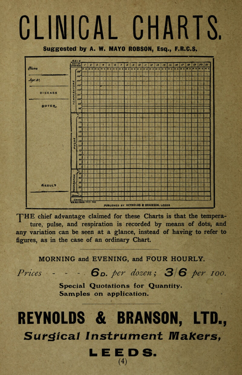 CLINICAL CHARTS. Sug^gested by A. W. MAYO ROBSON, Esq., F.R.C.S. tiA\i ZVSCVUf / 2 3 •5 5 6 7 0 9 10 // 12 H IS /5 17 18 /3 ^0 2/ § X lu 4. iMf 105' 100’ sa' M E  * I. E M E M E M e M E M C M E ** E M C M E M E H E M E M e M £ « *  ® M C M C DISEASE jjOTES^ ^esuLV ^J,l lu •) «. ■; •iS> I, 1 S PUBLISHEO BY REYNOLDS » BRANSON. LEEDS 'Y'HE chief advantage claimed for these Charts is that the tempera- ture, pulse, and respiration is recorded by means of dots, and any variation can be seen at a glance, instead of having to refer to figures, as in the case of an ordinary Chart. MORNING and EVENING, and FOUR HOURLY. Prices - - - Qd. per dozen; 316 per lOO. Special Quotations for Quantity. Samples on application. REYHOLDS & BRANSON, LTD., Suf^ical Instfutnetit Makets, LEEDS.