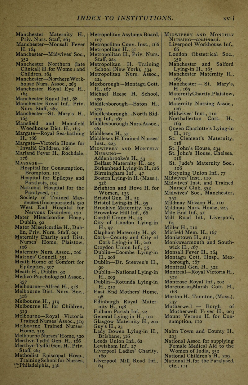 Manchester Maternity H., Priv. Nurs. Staff, 263 Manchester—Monsall Fever H. 164 Manchester—Midwives’ Soc., 352 Manchester Northern (late Clinical) H.for Wome.i and Children, 164 Manchester—NorthernWork- house Nurs. Assoc., 263 Manchester Royal Eye H., 164 Manchester Royal Inf., 68 Manchester Royal Inf., Priv. Nurs. Staff, 263 Manchester—St. Mary’s H., 165 Mansfield and Mansfield Woodhouse Dist. H., 165 Margate—Royal Sea-bathing H., 166 Margate—Victoria Home for ' Invalid Children, 166 Marland Fever H., Rochdale, 176 Massage— Hospital for Consumption, Brompton, 103 Hospital for Epilepsy and Paralysis, 104 National Hospital for the Paralysed, in Society of Trained Mas- seuses (Incorporated), 350 West End Hospital for Nervous Disorders, 120 Mater Misericordias Hosp., Dublin, 92 Mater Misericordias H., Dub- lin, Priv. Nurs. Staff, 291 Maternity Charity and Dist. Nurses’ Home, Plaistow, 106 Maternity Nurs. Assoc., 106 . Matrons’ Council, 351 Meath Home of Comfort for Epileptics, 307 Meath H., Dublin, 92 Medico-Psychological Assoc., 357 Melbourne—Alfred H., 318 Melbourne Dist. Nurs. Soc., 318 Melbourne H., 319 Melbourne H.^ for Children, 319 Melbourne—Royal Victoria Trained Nurses’Assoc., 319 Melbourne Trained Nurses’ Home, 319 Melbourne Nurses’ Home, 320 Merthyr-Tydfil Gen. H., 166 Merthyr-Tydfil Gen. H., Priv. Staff, 264 Methodist Episcopal Hosp., TrainingSchool for Nurses, ■^Philadelphia, 336 Metropolitan Asylums Board, 107 Metropolitan Conv. Inst., 166 Metropolitan H., 31 Metropolitan H., Priv. Nurs. Staff, 224 Metropolitan H. Training School (New York), 334 Metropolitan Nurs. Assoc., 224 Mexborough—Montagu Cott. H., 167 Michael Reese H. School, 330 Middlesborough—Eston H., 309 Middlesborough—North Rid- ing Inf., 167 Middlesborough Nurs. Assoc., 264 Middlesex H., 31 Middlesex H.Trained Nurses’ Inst., 225 Midwifery and Monthly Nursing— Addenbrooke’s H., 53 Belfast Maternity H., 205 Birkenhead Lying-in H.,126 Birmingham Inf., 47 Boston Lying-in H. (Mass.), 328 Brighton and Hove H. for Women, 133 Bristol Gen. H., 51 Bristol Lying-in H., 95 Brooklyn Maternity, 329 Brownlow Hill Inf., 66 Cardiff Union H., 53 City of London Lying-in H;,97 Clapham Maternity H., 98 Cork—County and City of Cork Lying-in H., 206 Croydon Union Inf., 55 Dublin—Coombe Lying-in H., 208 Dublin—Dr. Steeven’s H., 90 Dublin—National Lying-in H., 209 Dublin—Rotunda Lying-in H., 210 East End Mothers’ Home, 98 Edinburgh Royal Mater- nity H., 198 Fulham Parish Inf., 22 General Lying-in H., 100 Glasgow Maternity H., 200 Guy’s H., 23 Lady Bowen Lying-in H., Brisbane, 316 Leeds Union Inf., 62 Lewisham Inf., 27 Liverpool Ladies’ Charity, 160 Liverpool Mill Road Inf., 64 Midwifery and Monthly Nursing—continued. Liverpool Workhouse Inf., 66 London Obstetrical Soc., 350 Manchester and Salford Lying-in H., 165 ■ Manchester Maternity H., 163 Manchester—St. Mary’s, H.,165 MaternityCharity,Plaistow, 106 Maternity Nursing Assoc., 106 Midwives’ Inst., no Northallerton Cott. H., 169 Queen Charlotte’s Lying-in H., 115 St. Clement’s Maternity, 118 St. John’s House, 234 St.John’s House, Chelsea, 118 St. Jude’s Maternity Soc., 106 Steyning Union Inf., 77 Midwives’ Inst., no Midwives’ Inst, and Trained Nurses’ Club, 352 Midwives’ Soc., Manchester, 352 Mildmay Mission H., no Mildmay Nurs. House, 225 Mile End Inf., 31 Mill Road Int., Liverpool, 64 Miller H., no Mirfield Mem. H., 167 Monkstown H., 213 Monkwearmouth and South- wick H., 167 Monsall Fever H., 164 Montagu Cott. Hosp., Mex- borough, 167 Montreal Gen. H., 322 Montreal—Royal Victoria H., 322 Montrose Royal Inf., 202 Moreton-in->Marsh Cott. H., 168 Morton H., Taunton, (Mass.), 337 Motherwe 1 — Burgh of Motherwell Fcver H., 203 Mount Vernon H. for Con- sumption, no Nairn Town and County H., 203 National Assoc, for supplying Female Medical Aid to the Women of India, 352 National Children’s H., 209 National H.for the Paralysed, etc., in