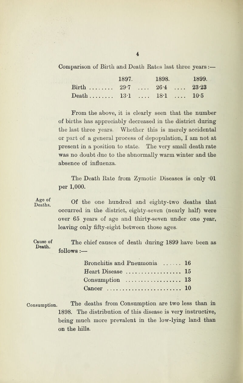 Comparison of Birth and Death Rates last three years:— 1897. 1898. 1899. Birth 29-7 .... 26-4 .... 2323 Death 131 .... 18-1 .... 10-5 From the above, it is clearly seen that the number of births has appreciably decreased in the district during the last three years. Whether this is merely accidental or part of a general process of depopulation, I am not at present in a position to state. The very small death rate was no doubt due to the abnormally warm winter and the absence of influenza. The Death Rate from Zymotic Diseases is only -01 per 1,000. Age of Deaths. Of the one hundred and eighty-two deaths that occurred in the district, eighty-seven (nearly half) were over 65 years of age and thirty-seven under one year, leaving only fifty-eight between those ages. Cause of Death. The chief causes of death during 1899 have been as follows :— Bronchitis and Pneumonia 16 Heart Disease 15 Consumption 13 Cancer 10 Consumption. The deaths from Consumption are two less than in 1898. The distribution of this disease is very instructive, being much more prevalent in the low-lying land than on the hills.