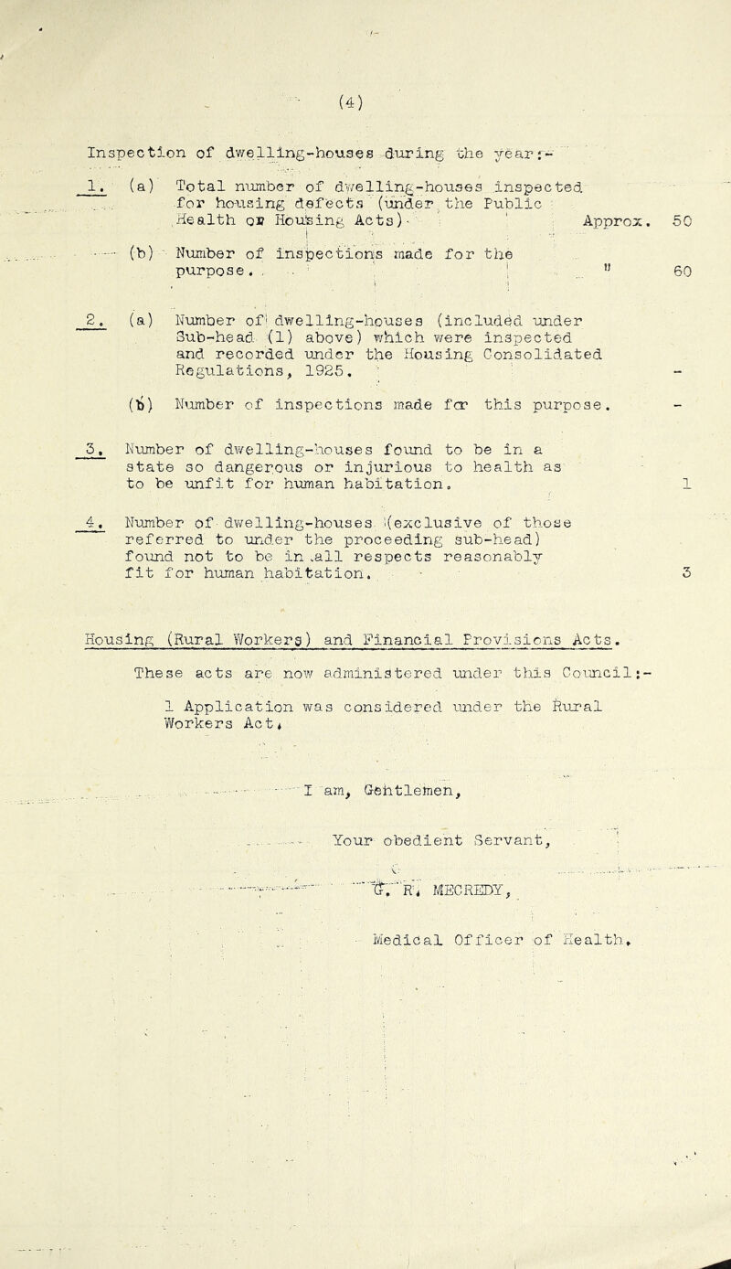 Inspect5.on of dwelling-houaes diiring the yearr-' 1. (a) Total niunber of dv/elling-houses ..Inspected _ -for ho-iising defects ' (under, the Public ■ .Health ol? Housing Acts)- '^ ' ' Approz. 50 (b)' ‘ Number of inspections made for the purpose ♦ , . ^ h i ’’ 60 , !- '! 2. (a) Number of' dwelling-houses (included under Sub-head- (1) above) which were inspected and recorded under the Housing Consolidated Regulations, 1925, (Ta) Number of Inspections made fa? this purpose. 5, Number of dwelling-houses found to be in a state so danger,ous or injurious to health as to be unfit for human habitation, 1 4, Number of dwelling-houses- '.(exclusive of those referred to under the proceeding sub-head) found not to be in .all respects reasonably fit for human habitation. - 3 Housing (Rural Workers) and Financial ProvIsions Acts. These acts are now administered under.this Council;- 1 Application was considered under the Rural Workers Acti I am, Gfehtletoen, Your- obedient Servant, V-' ■ '■ MECREDY, ^ Medical Officer of Health, i