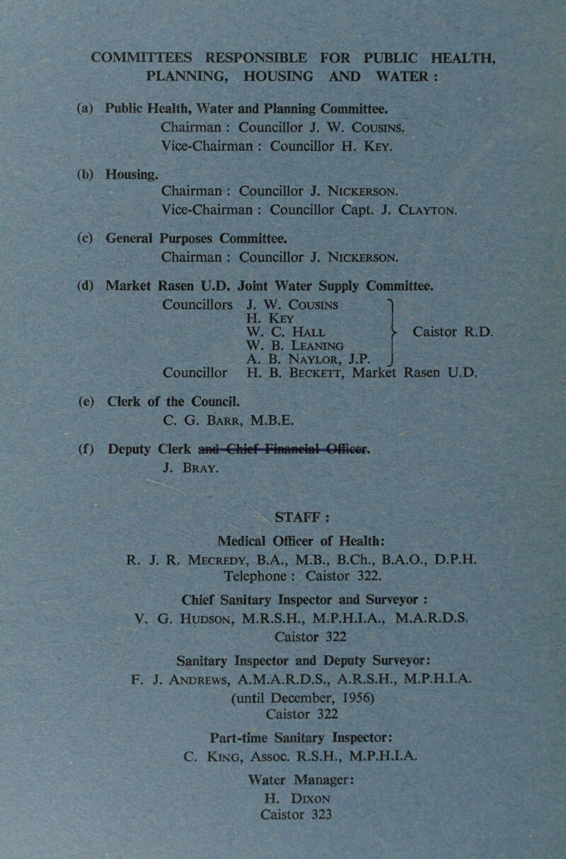 COMMITTEES RESPONSIBLE FOR PUBLIC HEALTH, PLANNING, HOUSING AND WATER : (a) Public Health, Water and Planning Committee. Chairman : Councillor J. W. Cousins. Vice-Chairman : Councillor H. Key. (b) Housing. Chairman : Councillor J. Nickerson. Vice-Chairman : Councillor Capt. J. Clayton. (c) General Purposes Committee. Chairman : Councillor J. Nickerson. (d) Market Rasen U.D. Joint Water Supply Committee. Councillors Councillor J. W. Cousins H. Key W. C. Hall W. B. Leaning Caistor R.D. A. B. Naylor, J.P. J H. B. Beckett, Market Rasen U.D. (e) Clerk of the Council. C. G. Barr, M.B.E. (f) Deputy Clerk and Chief'Finunciol Officer. J. Bray. STAFF : Medical Officer of Health: R. J. R. Mecredy, B.A., M.B., B.Ch., B.A.O., D.P.H. Telephone : Caistor 322. Chief Sanitary Inspector and Surveyor : V. G. Hudson, M.R.S.H., M.P.H.I.A., M.A.R.D.S. Caistor 322 Sanitary Inspector and Deputy Surveyor: F. J. Andrews, A.M.A.R.D.S., A.R.S.H., M.P.H.I.A. (until December, 1956) Caistor 322 Part-time Sanitary Inspector: C. King, Assoc. R.S.H., M.P.H.I.A. Water Manager: H. Dixon Caistor 323