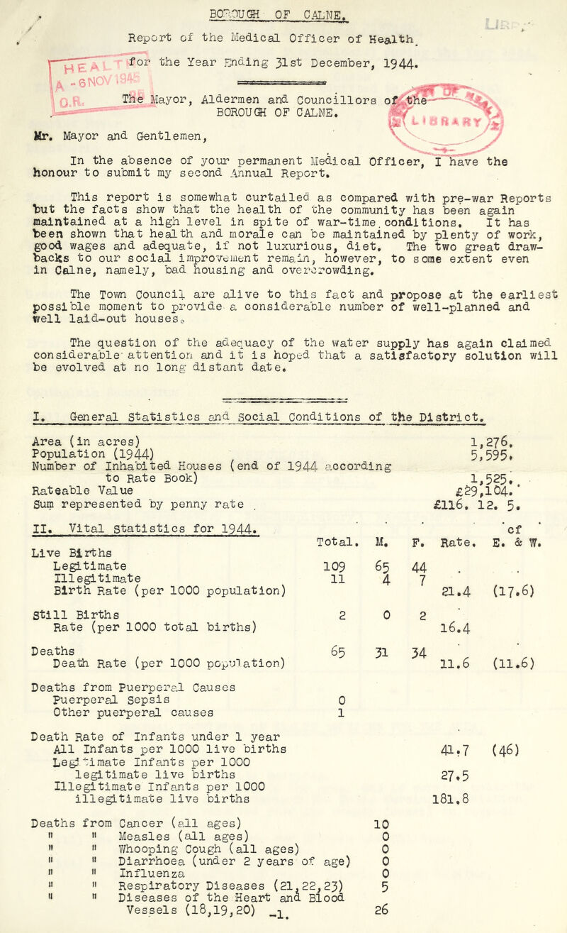 BO^'OUQH OF CALNE. / Report of the Medical Officer of Health ear Ending 31st December, 1944, Aldermen and Councillors BOROUCH OF CALNE. Mr, Mayor and Gentlemen, In the absence of your permanent Medical Officer, honour to submit my second Annual Report. This report is somewhat curtailed as compared with pre-war Reports but the facts show that the health of the community has been again maintained at a high level in spite of war-time,conditions. It has been shown that health and morale can be maintained by plenty of work, good wages and adequate, if not luxurious, diet. The two great draw- backs to our social improvement remain, however, to some extent even in Caine, namely, bad housing and overcrowding. The Town Council are alive to this fact and propose at the earliest possible moment to provide a considerable number of v/ell-planned and well laid-out houseso The question of the adequacy of the water supply has again claimed considerable- attention and it is hoped that a satisfactory solution will be evolved at no long distant date. I, General Statistics and social Conditions of the District, Area (in acres) Population (19^) Number of Inhabited Houses (end of 1944 according to Rate Book) Rateable Value Sum represented by penny rate 1,276, 5,595» £29,104. £116, 12, 5. II. Vital Statistics for 1944. ... *Qf Live Births Total. M, F. Rat e • E. & W. Legitimate Ille^timate Birth Rate (per 1000 population) 109 11 1 44 7 a.4 (17.6) Still Births Rate (per 1000 total births) 2 0 2 16.4 Deaths Death Rate (per 1000 popuTation) 65 31 34 11,6 (11.6) Deaths from Puerperod Causes Puerperal Sepsis 0 Other puerperal causes 1 Death Rate of Infants under 1 year All Infants per 1000 live births Le^tiraate Infants per 1000 legitimate live births Illegitimate Infants per 1000 illegitimate live births Deaths from Cancer (all ages) ”  Measles (all ages) » » Whooping Cough (all ages) I* ” Diarrhoea (under 2 years of age) n  Influenza “ ” Respiratory Diseases (21,22,23) '*  Diseases of the Heart and Blood Vessels (18,19,20) ^-j_ 10 0 0 0 0 5 26 41.7 (46) 27»5 181.8