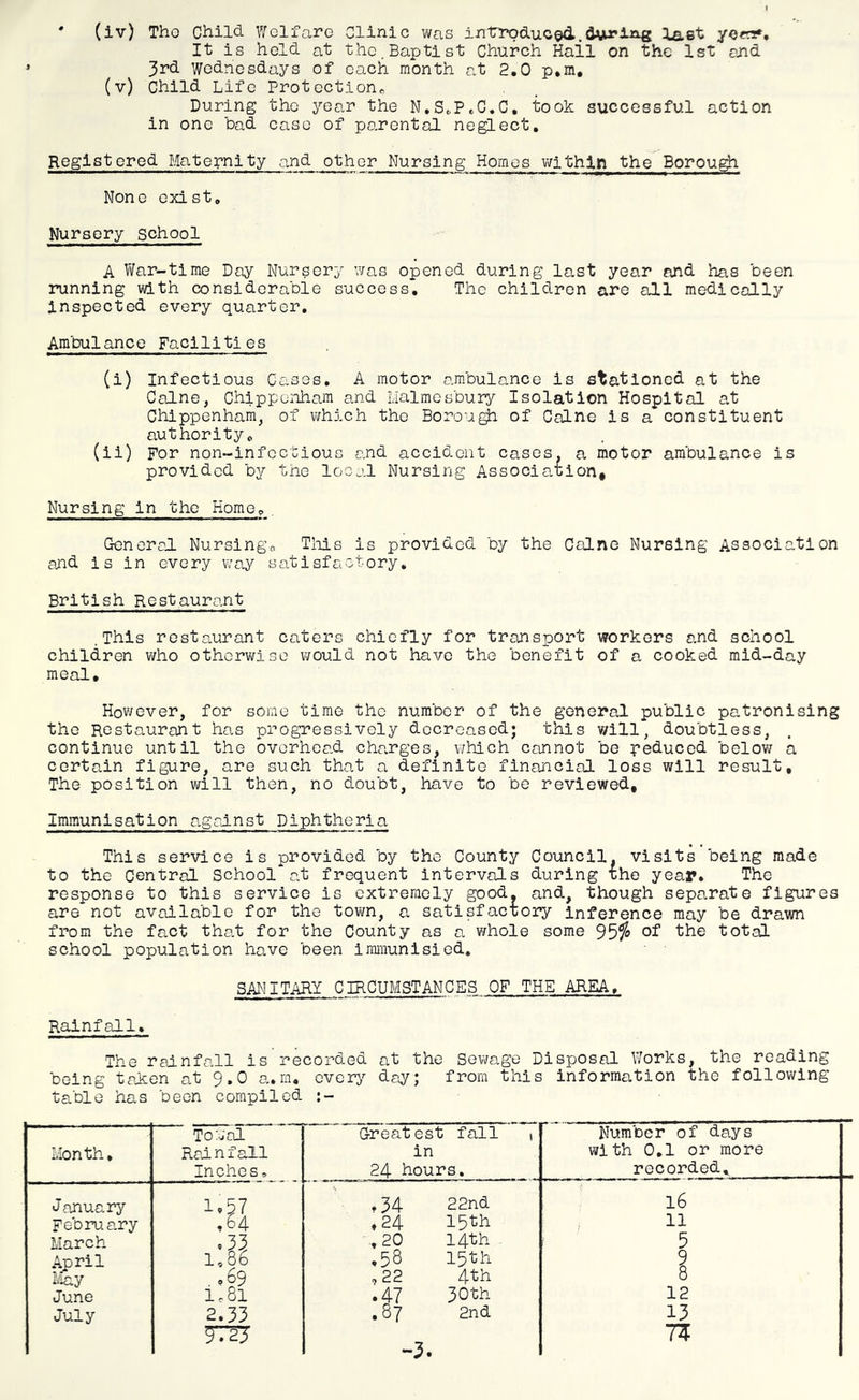 It is held at the. Baptist Church Hail on the 1st end 3rd Wednesdays of each month at 2,0 p*m, (v) Child Life Protoctionc During tho year the N.S^PeC.C, took successful action in one bad case of pe.rental neglect. Registered Maternity and other Nursing Homes within the Borou^ None exist. Nursery school A War-time Day Nursery was opened during last year and has been running with considerable success. The children are all medically Inspected every quarter, Am'oulance Facilities (i) Infectious Cases, A motor ambulance is stationed at the Caine, Chippenham and Llalmosbury Isolation Hospital at Chippenham, of which the Borou^ of Colne is a constituent authority, (ii) For non-infoctiouG and accident cases, a motor ambulance is provided by the local Nursing Association, Nursing in the Home,. Generol Nursing, Tills is provided by the Colne Nursing Association and is in every way satisfootory. British Restaurant .This restaurant caters chiefly for transport workers and school children who otherwise would not have the benefit of a cooked mid-day meal# Hov/ever, for some time the number of the general public patronising the Restaurant has progTessively decreased; this v/111, doubtless, continue until the overhead charges, v/hlch cannot be peduced below a certain figure, are such that a definite financial loss will result. The position will then, no doubt, have to be reviewed. Immunisation o.golnst Diphtheria This service is provided by the County Council, visits being made to the Central School at frequent intervals during the year. The response to this service is extremely good, and, though sepo.rate figures are not available for the town, a satisfactory Inference may be drawn from the fact that for the County as a v/hole some 95^ the total school population have been immunlsied, SANITARY CIRGUMSTANCES OF THE AREA, Rainfall, The rainfall is recorded at the Seivage Disposal Works, the reading being taien at 9,0 a. rn, every day; from this information the following table has been compiled To:JaL G-reat est fall I Number of days Month, Rainfall in with 0,1 or more Inches, 24 hours. recorded. Jauiuary 1.57 .34 22nd 16 February ,64 .24 15th 11 March 14th 5 April i^iay 1,86 ..69 .58 ,22 15 th 4th 1 June 1,81 .47 30th 12 July 2.33 .87 2nd 13 5TSJ 75