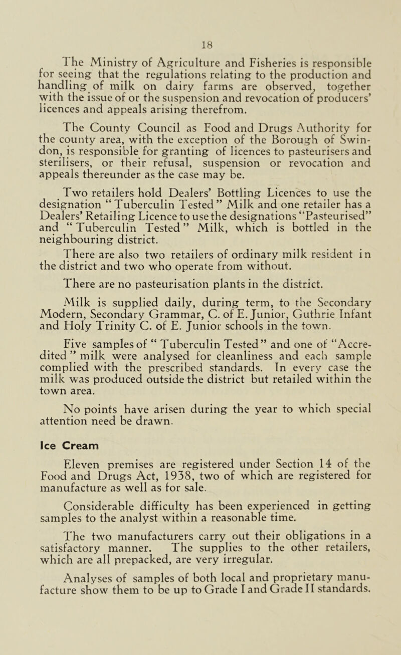 IB I he Ministry of Agriculture and Fisheries is responsible for seeing that the regulations relating to the production and handling of milk on dairy farms are observed, together with the issue of or the suspension and revocation of producers’ licences and appeals arising therefrom. The County Council as Food and Drugs Authority for the county area, with the exception of the Borough of Swin- don, is responsible for granting of licences to pasteurisers and sterilisers, or their refusal, suspension or revocation and appeals thereunder as the case may be. Two retailers hold Dealers’ Bottling Licences to use the designation “Tuberculin Tested’’ Milk and one retailer has a Dealers’ Retailing Licence to use the designations “Pasteurised” and “ Tuberculin Tested ” Milk, which is bottled in the neighbouring district. There are also two retailers of ordinary milk resident in the district and two who operate from without. There are no pasteurisation plants in the district. Milk is supplied daily, during term, to the Secondary Modern, Secondary Grammar, C. of E. Junior, Guthrie Infant and Holy Trinity C. of E. Junior schools in the town. Five samples of “ Tuberculin Tested” and one of “Accre- dited ” milk were analysed for cleanliness and each sample complied with the prescribed standards. In every case the milk was produced outside the district but retailed within the town area. No points have arisen during the year to which special attention need be drawn. Ice Cream Eleven premises are registered under Section 14 of the Food and Drugs Act, 1938, two of which are registered for manufacture as well as for sale. Considerable difficulty has been experienced in getting samples to the analyst within a reasonable time. The two manufacturers carry out their obligations in a satisfactory manner. The supplies to the other retailers, which are all prepacked, are very irregular. Analyses of samples of both local and proprietary manu-