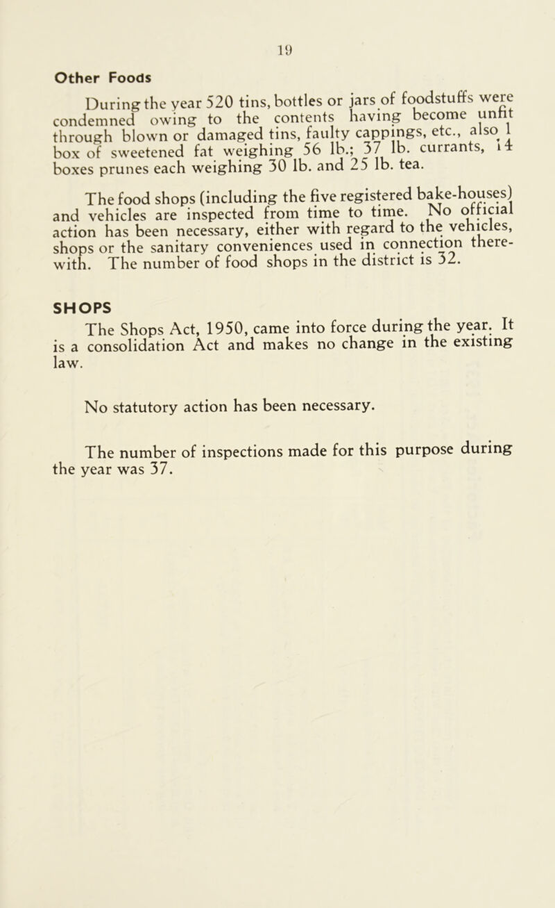 Other Foods During the year 520 tins, bottles or jars of foodstuffs were condemned owing to the contents having become unh through blown or damaged tins, faulty cappings, etc., ^Iso box of sweetened fat weighing 56 lb.; 37 lb. currants, i4 boxes prunes each weighing 30 lb. and 25 lb. tea. The food shops (including the five registered bake-houses) and vehicles are inspected from time to time. No orricial action has been necessary, either with regard to the vehicles, shops or the sanitary conveniences used in connection there- with. The number of food shops in the district is 32. SHOPS The Shops Act, 1950, came into force during the year. It is a consolidation Act and makes no change in the existing law. No statutory action has been necessary. The number of inspections made for this purpose during the year was 37.