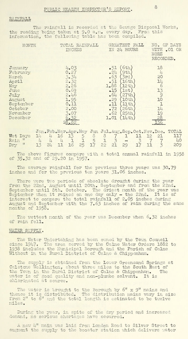 8 RABTPALL The rainfall is recorded at the Sewage Disposal Worksj the reading Being taken at 9*0 a.m, every day. Pron this information, the foliov/ing table has Been compiled, MONTH TOTYVL Ri\.INPALL G-PJilATEST PALL NO. OP DAYS INCHES IN 24 HOURS VfETH .01 OR MORE RECORDED. January 4.03 .51 ( f 6th) 18 Pebruaiy 0.27 .24 1 J9th) 4 M ar ch 3.34 c63 ( y3rd) 20 April 2.32 .51 ( 16 th] ' 14 May 2.26 1.88 ( 12thJ 1 6 June 0.69 ..15 1 list) 13 July 2,46 • 64 ( 27 th) ' 9 August 1.95 .29 1 10 th] 1 10 September 0.11 oil 1 [ll^h 1 1 October 2,00 ,72 1 26th 1 14 November 3.07 .62 1 25 th 1 19 December 6,32 1.01 ( .14th) 1 28 28.82 Jan • hi CD & • Mar,Apr,May Jun Jul, Aug, ,Sep.Oct.Nov.Dec, TOTAL Wet Days 14 4 16 13 5 8 8 7 1 11 12 21 117 Rain ” 4 4 4 11 5 1 3 3 7 7 40 Dry *' 13 24 11 16 25 17 22 21 29 17 11 3 209 The above figure s c ompa re with a total annual rainfall in 1958 of 35.32 ^ and of 29 .20 in 1957 • The average rainfall for the previous three years was 30,79 inches and for the previous ten years 31*06 inches. There v/ere two periods of absolute drought during the year from the 22nd. August until 2.0th, September and from the 22nd. September until 8th. October. The driest month of the year v/as September when it rained on one day only - the 22nd, It is of interest to compare the total rainfall of 2,05 inches during August and September v/ith the 7*63 inches of rain during the same m.onths of 1958, The v;ettest month of the year v;as December v/hen 6.32 inches of rain fell, WATER SUPPLY. The Water Undertaking has been owned by the Town Council since 1947* The area served by the Caine Water Orders 1882 to 1938 includes the Municipal Borough and, the Parish of Caine 7/ithout in the Rural District of Caine & Chippenham. The supply is obtained from the Lower G-reensand Springs at Calstone Wellington, about three miles to the South East of the Town in the Rural District of Caine & Chippenliam. The water is of goad quality and non-plurabo solvent. It is chlorinated at source. The water is brought to the Borough by 6*' x 9^' mains and thence it is distributed. The distribution mains vary in size from 2” to 6*' and the total length is estimated to be tv/elve miles. During the year, in spite of the dry period and increased demand, no serious shortages have occurred. new 4 main wns laid from London Road to Silver Street to augment the supply to the booster station which delivers water