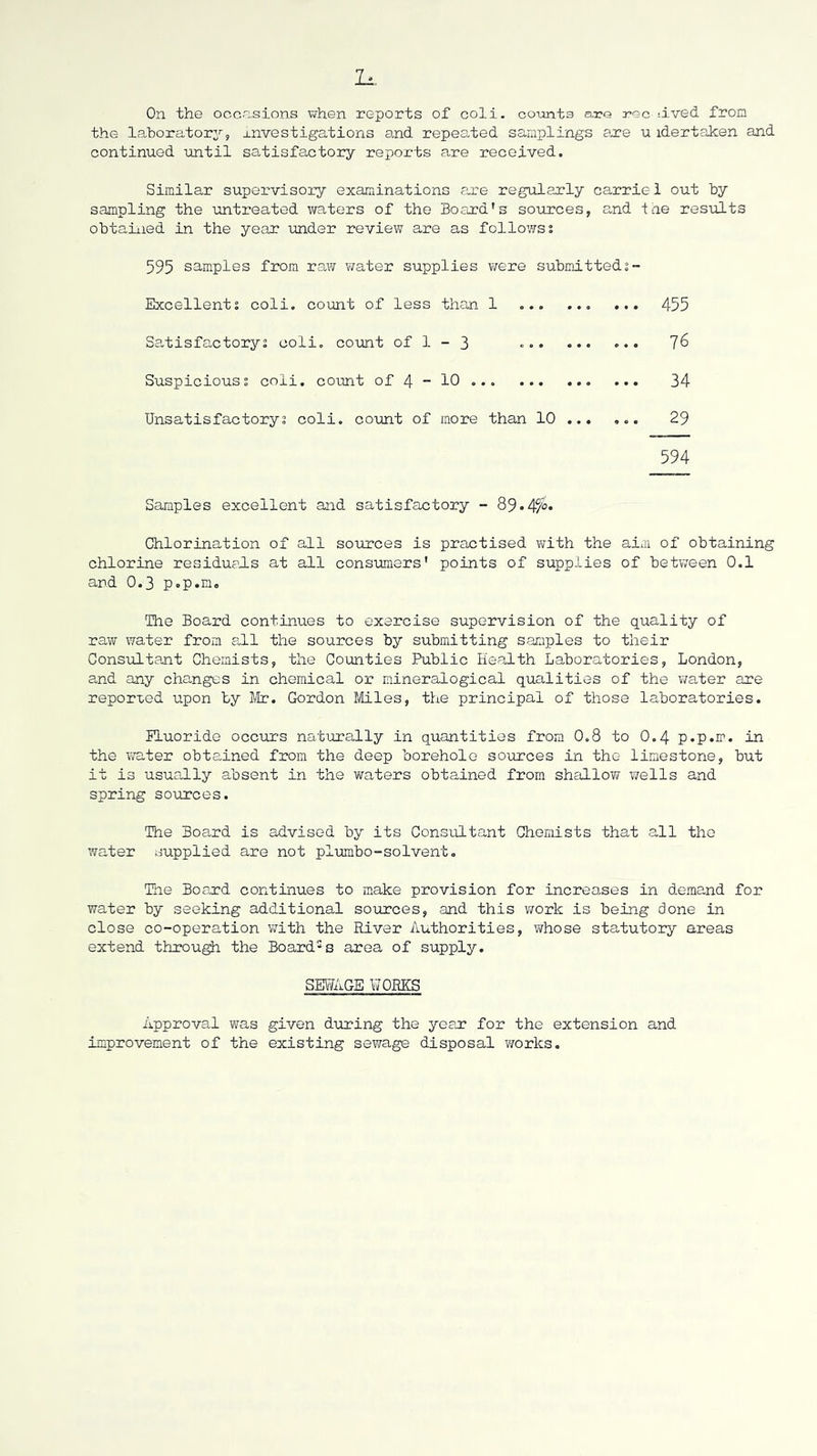 On the occe-sions when reports of coli. co-ants are rec :ived fron the laboratory, anvestigations and repeated samplings ar“e -u idertaken and continued until satisfactory reports are received. Similar supervisory examinations axe regularly carriei out by sampling the iintreated waters of the Board's sources, and iae resifLts obtaiiied in the year under review are as follows s 595 samples from ra,w water supplies were submitted2- Excellents coli. count of less than 1 ... ... ... 455 Sa,tisfactory2 coli. count of 1 - 3 Suspiciouss coli. coimt of 4 ~ 10 • • • 34 Unsatisfactory 3 coli. co-unt of more than 10 .., ,.. 29 594 Samples excellent and satisfactory - 89«4%* Chlorination of all sources is practised with the aim of obtaining chlorine residuads at all consumers’ points of supplies of betvreen 0.1 ard 0.3 p.p.m. The Board continues to exercise supervision of the quality of raw water from a,ll the sources by submitting samples to their Consultant Chemists, the Counties Public Health Laboratories, London, and any changes in chemical or mineralogical qualities of the v/ater are reporxed upon by Mr. Gordon Miles, the principal of those laboratories. ITuoride occurs naturally in quantities from 0.8 to O.4 p.p.m. in the \7ater obtained from the deep borehole sources in the limestone, but it is usually absent in the waters obtained from shallow ?;ells and spring so-orces. The Board is advised by its Consultant Chemists that all the water supplied are not plumbo-solvent. The Board continues to make provision for increases in demand for water by seeking additional sources, and this v;ork is being done in close co-operation with the River Authorities, whose statutory areas extend through the Board^s area of supply. SH7AGE WORKS Approval was given during the year for the extension and improvement of the existing sewage disposal works.