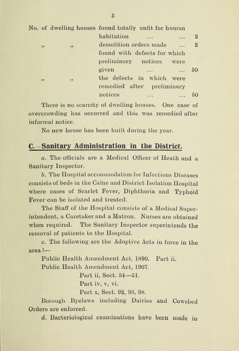 No. of dwelling houses found totally unfit for human habitation ... ... 2 demolition orders made ... 2 found with defects for which preliminary notices were given ... ... 50 the defects in which were remedied after preliminary notices ... ... 50 There is no scarcity of dwelling houses. One case of overcrowding has occurred and this was remedied after informal notice. No new house has been built during the year. C.—Sanitary Administration in t!ie District. a. The officials are a Medical Officer of Heath and a Sanitary Inspector. h. The Hospital accommodation for Infectious Diseases consists of beds in the Caine and District Isolation Hospital where cases of Scarlet Fever, Diphtheria and Typhoid Fever can be isolated and treated. The Staff of the Hospital consists of a Medical Super- intendent, a Caretaker and a Matron. Nurses are obtained when required. The Sanitary Inspector superintends the removal of patients to the Hospital. c. The following are the Adoptive Acts in force in the area!— Public Health Amendment Act, 1890, Part ii. Public Health Amendment Act, 1907. Part ii, Sect. 84—51. Part iv, V, vi. Part X, Sect. 92, 98, 98. Borough Byelaws including Dairies and Cowshed Orders are enforced. d, Bacteriological examinations have been made in