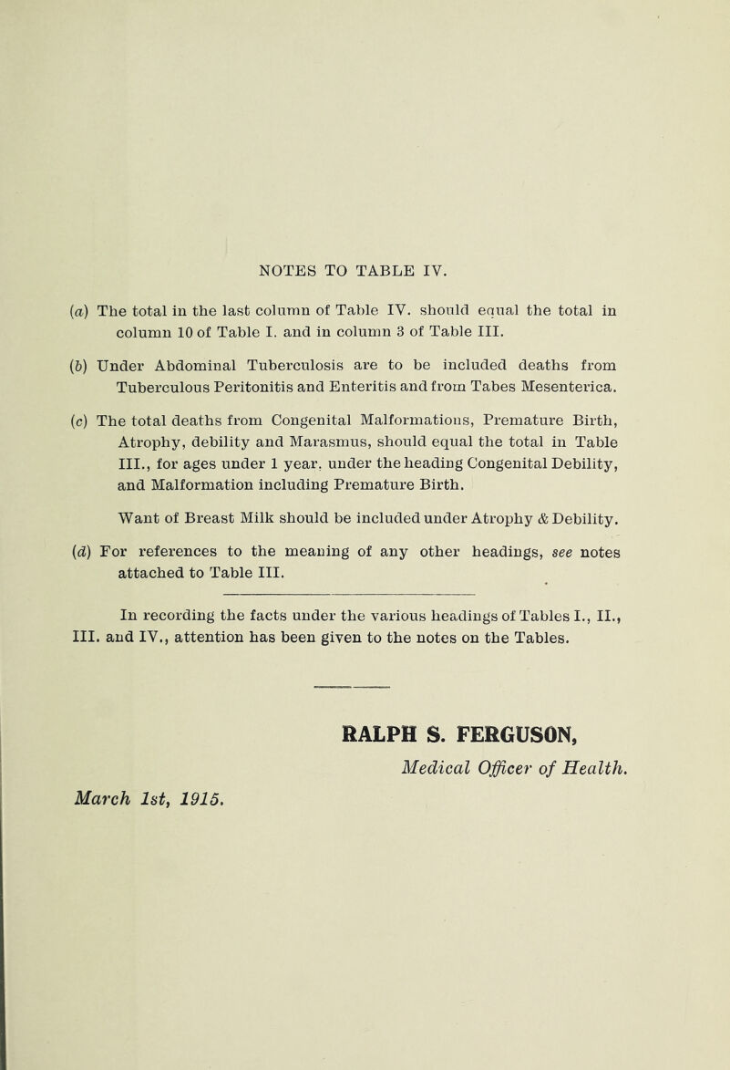 {a) The total in the last column of Table IV. should equal the total in column 10 of Table I. and in column 3 of Table III. (&) Under Abdominal Tuberculosis are to be included deaths from Tuberculous Peritonitis and Enteritis and from Tabes Mesenterica. (c) The total deaths from Congenital Malformations, Premature Birth, Atrophy, debility and Marasmus, should equal the total in Table III., for ages under 1 year, under the heading Congenital Debility, and Malformation including Premature Birth. Want of Breast Milk should be included under Atrophy & Debility. {d) For references to the meaning of any other headings, see notes attached to Table III. In recording the facts under the various headings of Tables I., II., III. and IV., attention has been given to the notes on the Tables. RALPH S. FERGUSON, Medical Officer of Health. March Ist^ 1915.