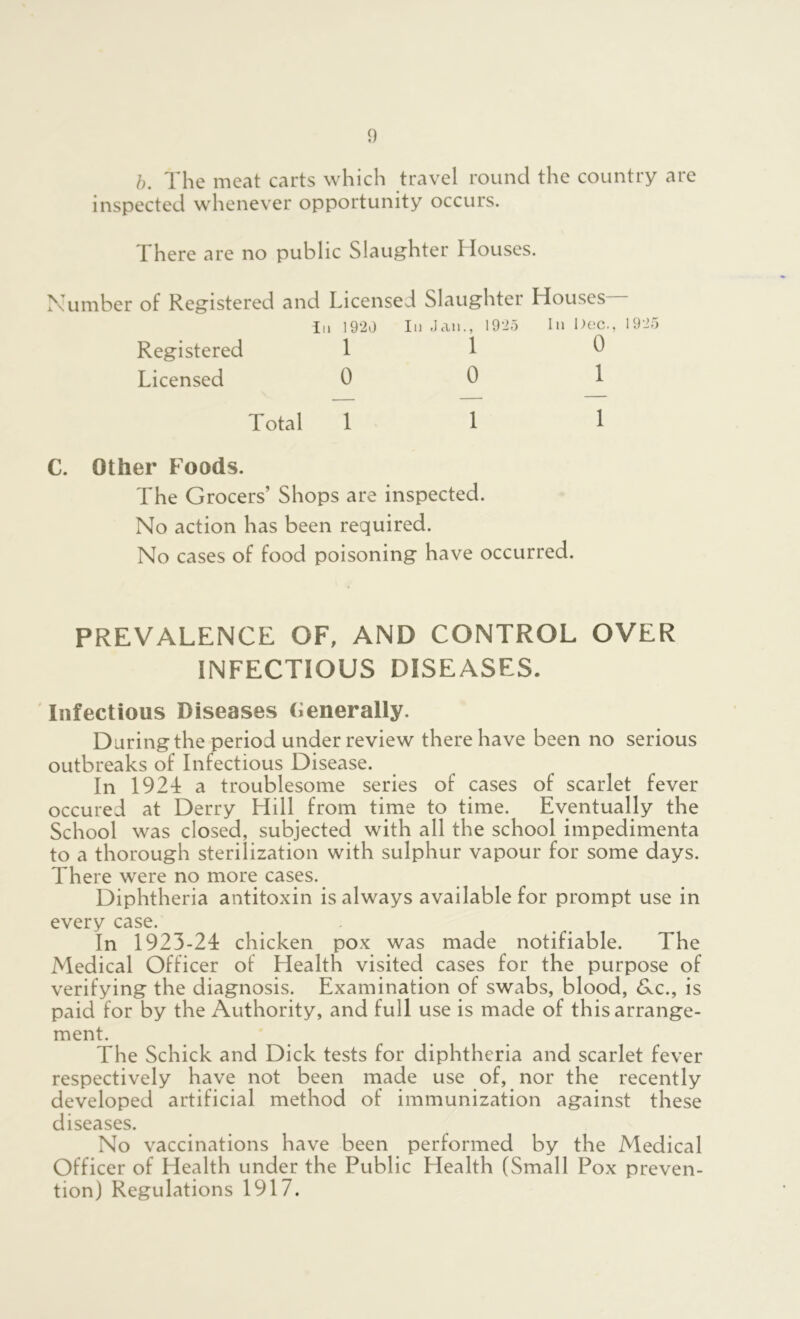 h. The meat carts which travel round the country are inspected whenever opportunity occurs. There are no public Slaughter Houses. Number of Registered and Licensed Slaughter Houses— ill 1920 111 Jan., 1925 In Dec., 1925 Registered 1 1 Licensed 0 0 Total 1 1 C. Other Foods. The Grocers’ Shops are inspected. No action has been required. No cases of food poisoning have occurred. PREVALENCE OF, AND CONTROL OVER INFECTIOUS DISEASES. Infectious Diseases Generally. During the period under review there have been no serious outbreaks of Infectious Disease. In 1924: a troublesome series of cases of scarlet fever occured at Derry Hill from time to time. Eventually the School was closed, subjected with all the school impedimenta to a thorough sterilization with sulphur vapour for some days. There were no more cases. Diphtheria antitoxin is always available for prompt use in every case. In 1923-24 chicken pox was made notifiable. The Medical Officer of Health visited cases for the purpose of verifying the diagnosis. Examination of swabs, blood, <S^c., is paid for by the Authority, and full use is made of thisarrange- ment. The Schick and Dick tests for diphtheria and scarlet fever respectively have not been made use of, nor the recently developed artificial method of immunization against these diseases. No vaccinations have been performed by the Medical Officer of Health under the Public Health (Small Pox preven- tion) Regulations 1917. 0 1 1