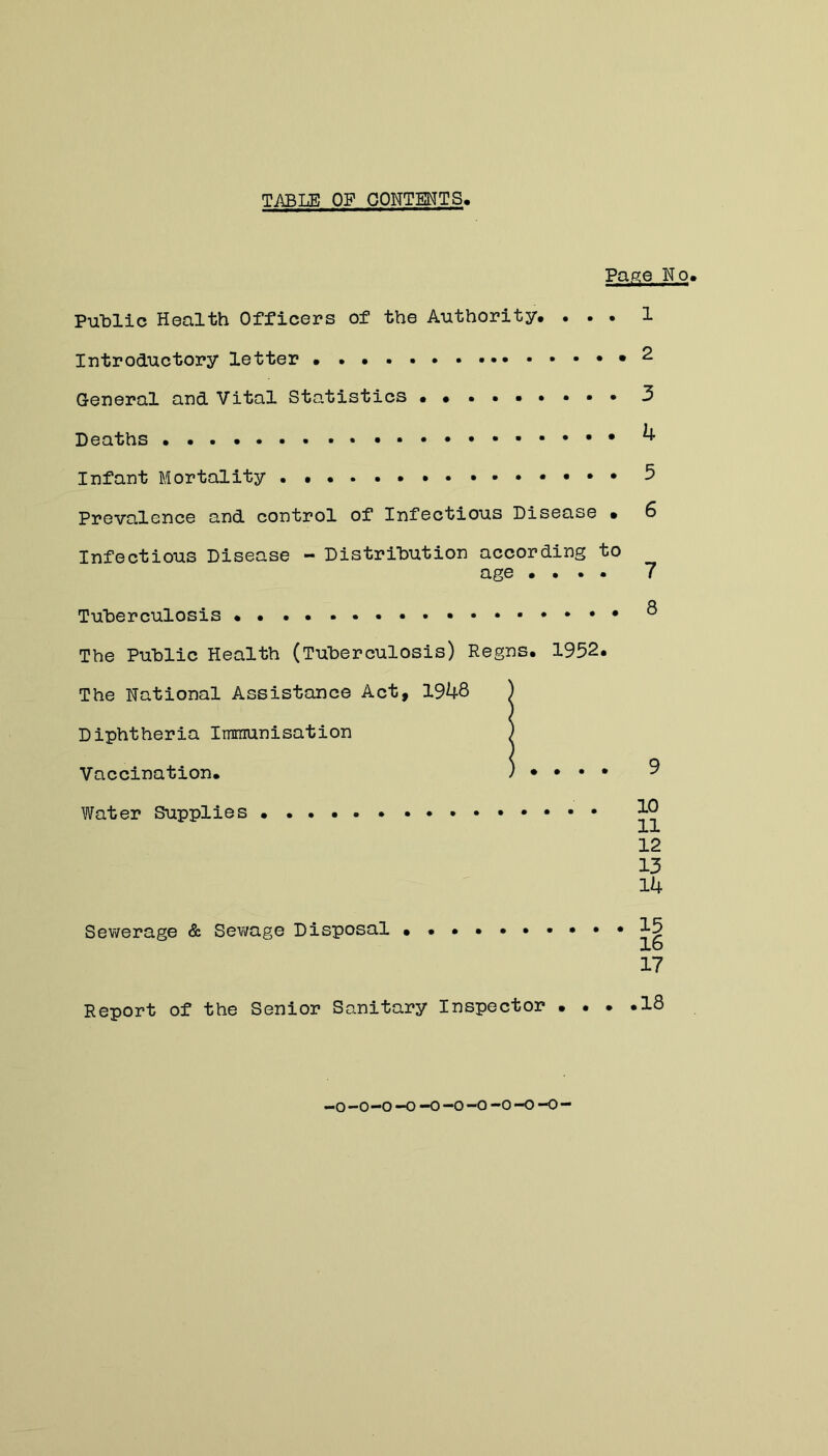 TABLE OF CONTENTS PacelTo. Public Health Officers of the Authority. . . . 1 Introductory letter ^ General and Vital Statistics 3 Deaths ...••••• ^ Infant Mortality ..... 5 Prevalence and control of Infectious Disease • 6 Infectious Disease - Distribution according to age . • • • 7 Tuberculosis ..... The Public Health (Tuberculosis) Regns. 1952. The National Assistance Act, 1948 Diphtheria Immunisation Vaccination. Water Supplies .... Sewerage & Sev;age Disposal Report of the Senior Sanitary Inspector • . • 8 9 10 11 12 13 14 15 16 17 .18 *0-0-0-0-0-0-0 -0-0-0 —