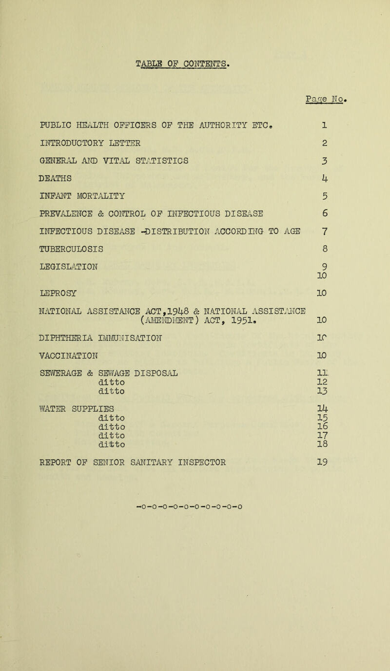 TABLE OF CONTENTS Pa.qe No» PUBLIC HEALTH OFFICERS OF THE AUTHORITY ETC* 1 INTRODUCTORY LETTER 2 GENER.YL AND VITAL STATISTICS 3 DEATHS 4 INFANT MORTiALITY 5 PREVALENCE & CONTROL OP INFECTIOUS DISEASE 6 INFECTIOUS DISEASE -DISTRIBUTION ACCORD TNG TO AGE 7 TUBERCULOSIS 8 LEGISLATION 9 10 LEPROSY 10 NATIONAL ASSISTANCE ACT, 1946 & NATIONAL ASSIST.A'TCE (AJIENDI'.CENT) ACT, 1951. 10 DIPHTHERIA IMJIUNISATION 10 VACCINATION 10 SEWERAGE & SEUYAGE DISPOSAL IL ditto 12 ditto 13 WATER SUPPLIES 14 ditto 15 ditto 16 ditto 17 dilfcto 18 REPORT OP SENIOR SMITARY INSPECTOR 19 -0-0-0-0-0-0-0-0-0-0