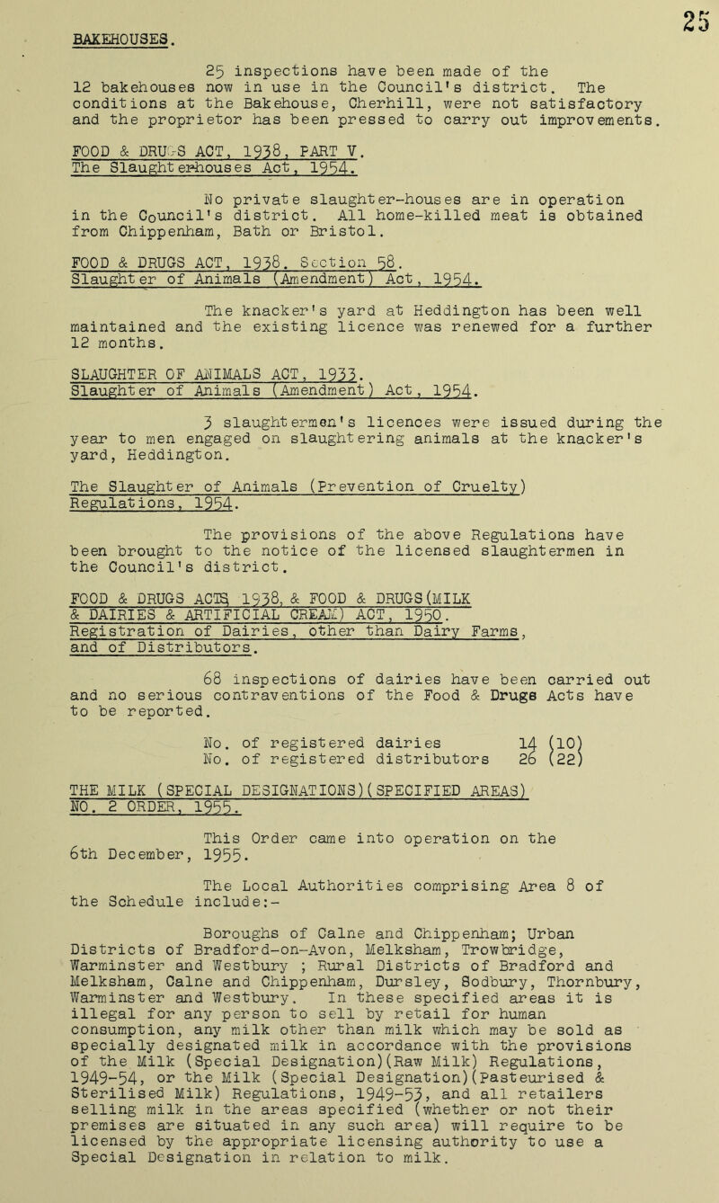 BAKEHOUSES. 25 inspections have been made of the 12 bakehouses now in use in the Council’s district. The conditions at the Bakehouse, Cherhill, were not satisfactory and the proprietor has been pressed to carry out improvements FOOD & DRUOS ACT, 1938, FART V. The Slaug;ht erhouses Act, 1954. Ho private slaughter-houses are in operation in the Council’s district. All home-killed meat is obtained from Chippenham, Bath or Bristol. FOOD & DRUGS ACT, 1938. Section 58. Slaught er of Animals (Amendment) Act, 1954. The knacker's yard at Heddington has been well maintained and the existing licence was renewed for a further 12 months. SLAUOHTER OF AHIMALS ACT, 1933. Slaughter of Animals (Amendment) Act, 1954. 3 slaughtermen's licences were issued during th year to men engaged on slaughtering animals at the knacker’s yard, Heddington. The Slaughter of Animals (Prevention of Cruelty) Regulations, 1954. The provisions of the above Regulations have been brought to the notice of the licensed slaughtermen in the Council’s district. FOOD & DRUGS ACl^ 1938, & FOOD & DRUGS(MILK & DAIRIES & ARTIFICIAL CREiJi) ACT, 19^ Registration of Dairies, other than Dairy Farms, and of Distributors. 68 inspections of dairies have been and no serious contraventions of the Food & Drugs to be reported. No. of registered dairies 14 No. of registered distributors 26 THE MILK (SPECIAL DESIGNATIONS)(SPECIFIED AREAS) NO. 2 ORDER, 1955. This Order came into operation on the 6th December, 1955* The Local Authorities comprising Area 8 of the Schedule include:- Boroughs of Caine and Chippenham; Urban Districts of Bradford-on-Avon, Melksham, Trowbridge, Warminster and Westbury ; Rural Districts of Bradford and Melksham, Caine and Chippenham, Dursley, Sodbury, Thornbury, Warminster and Westbury. In these specified areas it is illegal for any person to sell by retail for human consumption, any milk other than milk which may be sold as specially designated milk in accordance with the provisions of the Milk (Special Designation)(Raw Milk) Regulations, 1949-54, 02? the Milk (Special Designation) (Past eurised & Sterilised Milk) Regulations, 1949-53, all retailers selling milk in the areas specified (whether or not their premises are situated in any such area) will require to be licensed by the appropriate licensing authority to use a Special Designation in relation to milk. carried out Acts have