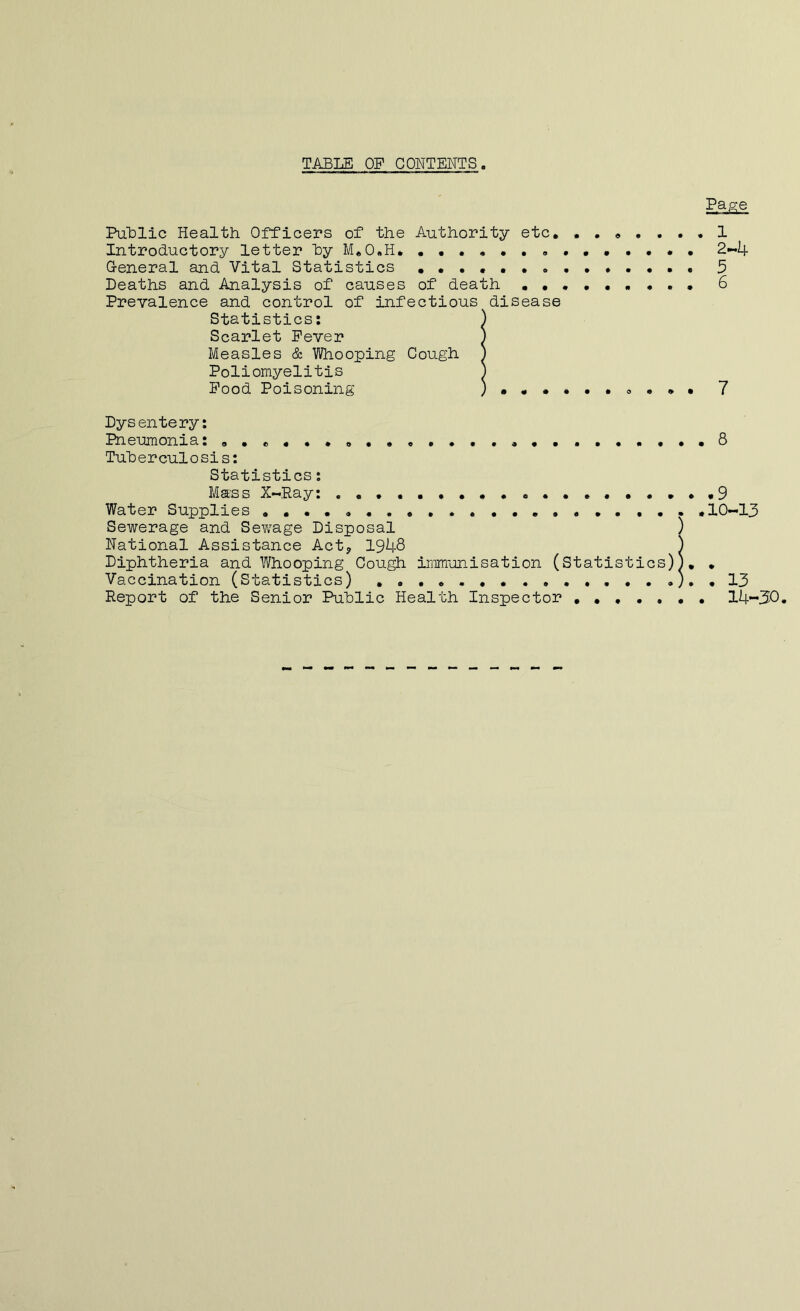 TABLE OP CONTENTS Page PuLlic Health Officers of the Authority etc 1 Introductory letter hy M*0«H. 2-4 G-eneral and Vital Statistics 5 Deaths and Analysis of causes of death 6 Prevalence and control of infectious disease Statistics: ) Scarlet Fever ) Measles & Whooping Cough ) Poliomyelitis ) Food Poisoning )••••••«•»• 7 Dysentery: Pneumonia: . .8 Tuherculosis: Statistics: Mffss X-Ray: ••9 Water Supplies *10—13 Sewerage and Sewage Disposal ) National Assistance Act, 1948 ) Diphtheria and Whooping Cough imm'unisation (Statistics)], , Vaccination (Statistics) ),,13 Report of the Senior Public Health Inspector ••,•••• 14-30.