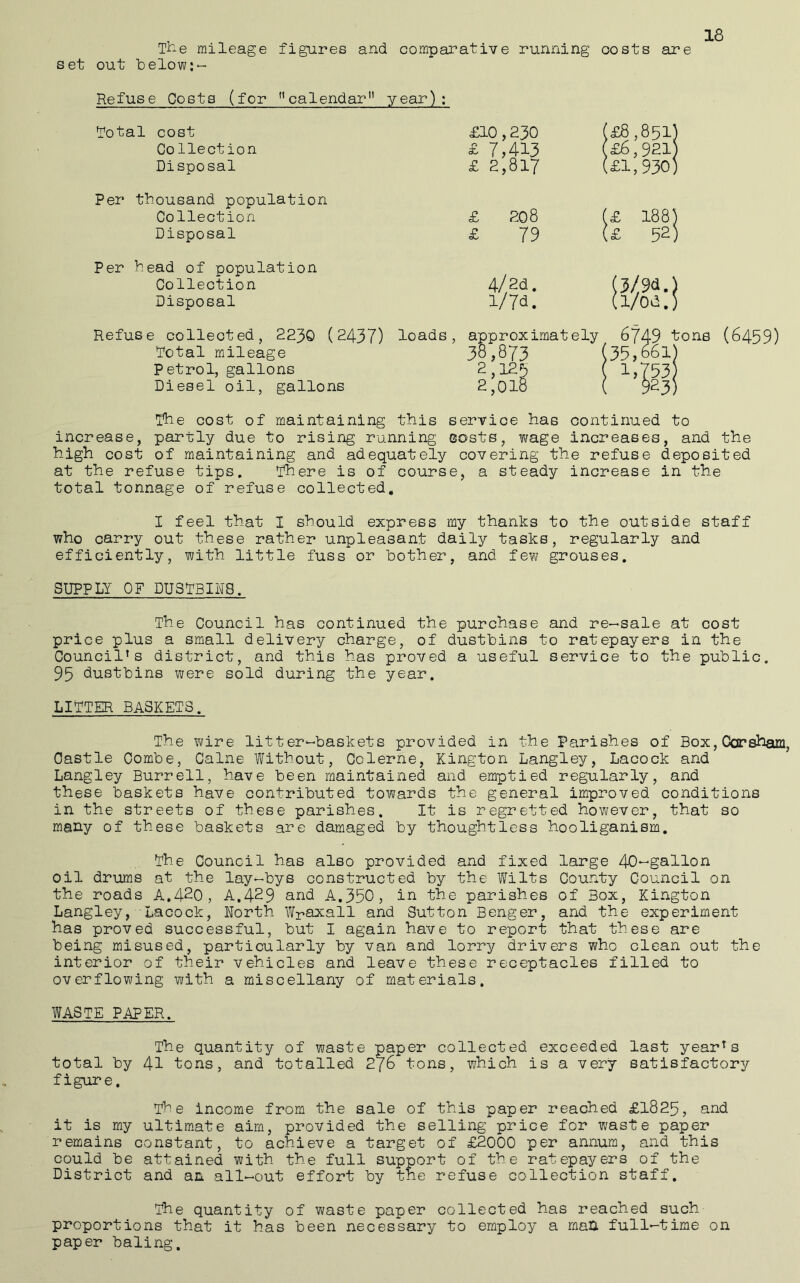 mileage figures and comparative running costs are set out below:- Refuse Costa (for calendar year): Total cost £10,230 1 (£8,851) Collection £ 7,413 ' £6,921) Disposal £ 2,817 1 (£1,930) Per thousand population Collection £ 208 1 (£ 188) Disposal £ 79 < [£ 52) Per head of population 4/2d. Collection Disposal l/7d. Refuse collected, 2230 (2437) Total mileage loads, approximately 6749 tone (6459) 38,873 < 35,661) Petrol, gallons 2,125 ( 1 ^>153 Diesel oil, gallons 2,018 ( 923 !?he cost of maintaining this service has continued to increase, partly due to rising running Gosts, wage increases, and the high cost of maintaining and adequately covering the refuse deposited at the refuse tips. There is of course, a steady increase in the total tonnage of refuse collected, I feel that I should express my thanks to the outside staff who carry out these rather unpleasant daily tasks, regularly and efficiently, with little fuss or bother, and few grouses, SUPPLY OF DUSTBINS. The Council has continued the purchase and re—sale at cost price plus a small delivery charge, of dustbins to ratepayers in the Council’s district, and this has proved a useful service to the public. 95 dustbins were sold during the year. LITTER BASKETS. The wire litter-baskets provided in the Parishes of Box,Ccraham, Castle Combe, Caine Without, Colerne, Kington Langley, Lacock and Langley Burrell, have been maintained and emptied regularly, and these baskets have contributed towards the general improved conditions in the streets of these parishes. It is regretted however, that so many of these baskets are damaged by thoughtless hooliganism. The Council has also provided and fixed large 40--gallon oil drums at the lay-bys constructed by the Wilts County Council on the roads A.420, A.4^9 and A.350, in the parishes of Box, Kington Langley, Lacock, North Wpaxall and Sutton Benger, and the experiment has proved successful, but I again have to report that these are being misused, particularly by van and lorry drivers who clean out the interior of their vehicles and leave these receptacles filled to overflowing with a miscellany of materials. WASTE PAPER. The quantity of waste paper collected exceeded last yearns total by 41 tons, and totalled 2/6 tons, which is a very satisfactory figure. The income from the sale of this paper reached £1825, and it is my ultimate aim, provided the selling price for waste paper remains constant, to achieve a target of £2000 per annum, and this could be attained with the full support of the ratepayers of the District and an all-out effort by the refuse collection staff. The quantity of waste paper collected has reached such proportions that it has been necessary to employ a man full-time on paper baling.