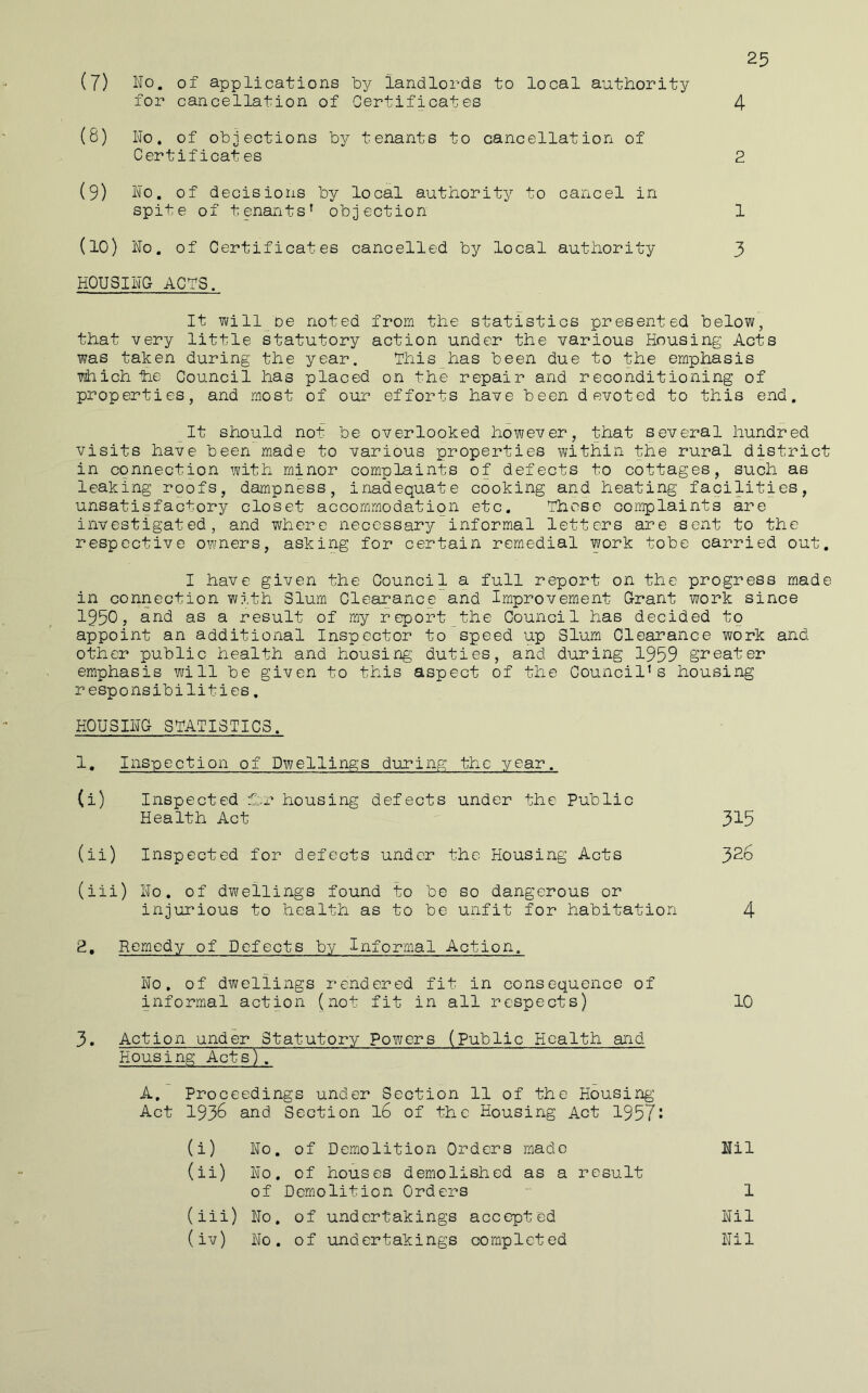 25 (7) No. of applications by landlords to local authority for cancellation of Certificates 4 (8) No. of objections by tenants to cancellation of Certificates 2 (9) No. of decisions by local authority to cancel in spite of tenants^ objection 1 (10) No. of Certificates cancelled by local authority 3 HOUSING ACTS. It will De noted from the statistics presented below, that very little statutory action under the various Housing Acts was taken during the year. This has been due to the emphasis which tie Council has placed on the repair and reconditioning of properties, and most of our efforts have been devoted to this end. _It should not be overlooked however, that several hundred visits have been m.ade to various properties within the rural district in connection with minor complaints of defects to cottages, such as leaking roofs, dampness, inadequate cooking and heating facilities, unsatisfactory closet accommodation etc. Those complaints are investigated, and where necessary informal letters are sent to the respective owners, asking for certain remedial work tobe carried out, I have given the Council a full report on the progress made in connection with Slum Clearance and Improvement Grant work since 1950, and as a result of my report_the Council has decided to appoint an additional Inspector to speed up Slum Clearance work and other public health and housing duties, and during 1959 greater emphasis will be given to this aspect of the Council’s housing responsibilities. HOUSING STATISTICS. 1, Inspection of Dwellings during the year. (i) Inspected f:.r housing defects under the Public Health Act 315 (ii) Inspected for defects under the Housing Acts 326 (iii) No. of dwellings found to be so dangerous or injurious to health as to be unfit for habitation 4 2, Remedy of Defects by Informal Action. No. of dwellings rendered fit in consequence of informal action (not fit in all respects) 10 3, Action under Statutory Powers (Public Health and Housing Acts). A. Proceedings under Section 11 of the Housing Act 1935 and Section I6 of the Housing Act 1957* (i) No. of Demolition Orders made Nil (ii) No. of houses demolished as a result of Demolition Orders - 1 (iii) No. of undertakings accepted Nil (iv) No. of undertakings completed Nil