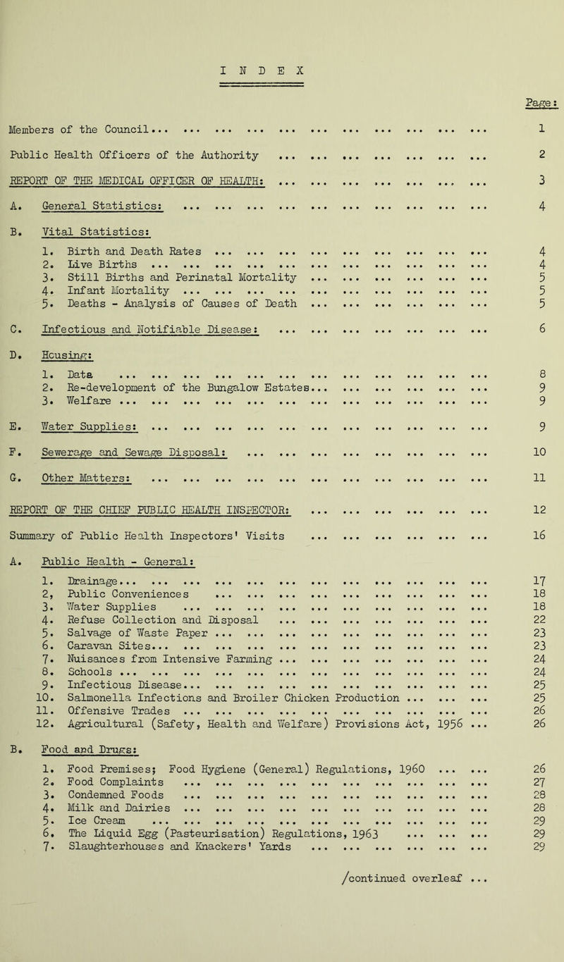 INDEX Pai!?e: Members of the Council 1 Public Health Officers of the Authority ... ... 2 REPORT OF THE MEDICAL OFFICER OF HEALTH: ... 3 A. General Statistics; 4 B. Vital Statistics: 1. Birth and Death Rates 4 2. Live Births 4 3. Still Births and Perinatal Mortality 5 4. Infant Mortality 5 5. Deaths - Analysis of Causes of Death 5 C. Infectious and Notifiable Disease; 6 D. Hcusinis:; 1. Data 8 2. Re-development of the Bungalow Estates 9 3. Welfare 9 E. Water Supplies; 9 P. Sewerage and Sewage Disposal; 10 G. Other Matters; 11 REPORT OF THE CHIEP PUBLIC HEALTH INSPECTOR; 12 Sijmmary of Public Health Inspectors' Visits 16 A. Public Health - General; 1. Drainage 17 2. Public Conveniences 18 3. ?/ater Supplies 18 4« Refuse Collection and Disposal 22 5. Salvage of Waste Paper 23 6. Caravan Sites 23 7. Nuisances from Intensive Farming 24 8. Schools 24 9* Infectious Disease 25 10. Salmonella Infections and Broiler Chicken Production 25 11. Offensive Trades 26 12. Agricultural (Safety, Health and Yfelfare) Provisions Act, 1956 ... 26 B. Food and Drugs; 1. Food Premisesj Food Hygiene (General) Regulations, i960 26 2. Food Complaints 27 3. Condemned Foods 28 4. Milk and Dairies 28 5. Ice Cream 29 6. The Liquid Egg (Pasteurisation) Regulations, I963 29 7* Slaughterhouses and Knackers' Yards 29 /continued overleaf ...