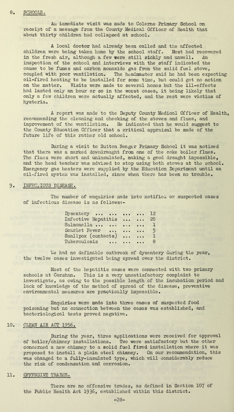 Aii immediate visit was made to Colerne Primary School on receipt of a message from the County Ifedical Officer of Health that about thirty children had collapsed at school. A local doctor had already been called and the affected children v/ere being taken home by the school staff. Most had recovered in the fresh air, although a few were still sickly and unwell. An inspection of the school and interviews with the staff indicated the cause to be fumes and carbon monoxide gas from the solid fuel stove, coupled v/ith poor ventilation. The headmaster said he had been expecting oil-fired heating to be installed for some time, but could get no action on the matter. Visits were made to several homes but the ill-effects had lasted only an hour or so in the worst cases, it being likely that only a few children were actually affected, and the rest were victims of hysteria. A report was made to the Deputy County Medical Officer of Health, recommending the cleaning and checking of the stoves and flues, and improvement of the ventilation. He indicated that he would suggest to the Coiinty Education Officer that a critical appraisal be made of the future life of this rather old school. During a visit to Sutton Benger Primary School it was noticed that there was a marked downdraught from one of the coke boiler flues. The flues were short and uninsulated, making a good draught impossible, and the head teacher was advised to stop using both stoves at the school. Emergency gas heaters were supplied by the Education Department until an oil-fired system was installed, since when there has been no trouble, 9. IHEECIIOHS DISEASE. The niomber of enquiries made into notifieu or suspected cases of infectious disease is as follows;- Dysentery 12 Infective Hepatitis 28 Salmonella ... 1 Scarlet Fever 5 Smallpox (contacts) 1 Tuberculosis 8 he had no definable outbreak of dysentery during the year, the tvrelve cases investigated being spread over the district. Most of the hepatitis cases were connected vn.th tv/o primary schools at Corsham. This is a very unsatisfactory complaint to investigate, as owing to the possible length of the incubation period and lack of knoT^ledge of the method of spread of the disease, preventive environmental measures are praci;ically impossible. Enquiries were made into three cases of suspected food poisoning but no connection between the cases was established, and bacteriological tests proved negative. 10. CLEAN AIR ACT 1956. During the year, three applications were received for approval of boiler/chimney installations. Two were satisfactory but the other concerned a new chimney to a solid fuel fired installation where it was proposed to install a plain steel chimney. On our recommendation, this was changed to a fully-insulated type, which will considerably reduce the risk of condensation and corrosion. 11. OFFENSIVE TRADES. There are no offensive trades, as defined in Section 107 of the Public Health Act 1936, established within this district. -28-