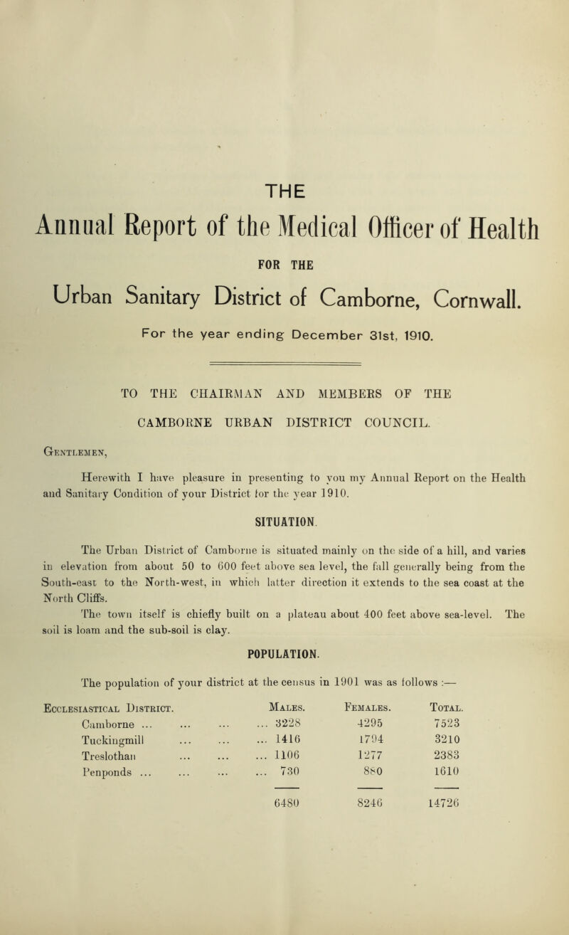 Annual Report of the Medical Officer of Health FOR THE Urban Sanitary District of Camborne, Cornwall. For the year ending December 31st, 1910. TO THE CHAIRMAN AND MEMBERS OF THE CAMBORNE URBAN DISTRICT COUNCIL. Gentlemen, Herewith I have pleasure in presenting to you my Annual Report on the Health and Sanitary Condition of your District lor the year 1910. SITUATION The Urban District of Camborne is situated mainly on the side of a hill, and varies in elevation from about 50 to 600 feet above sea level, the fall generally being from the South-east to the North-west, in which latter direction it extends to the sea coast at the North Cliffs. The town itself is chiefly built on a plateau about 400 feet above sea-level. The soil is loam and the sub-soil is clay. POPULATION. The population of your district at the census in 1901 was as follows :— Ecclesiastical District. Males. Females. Total. Camborne ... 3228 4295 7523 Tuckingmill 1416 1794 3210 Treslothan 1106 1277 2383 Penponds ... 730 880 1610 6480 8246 14726