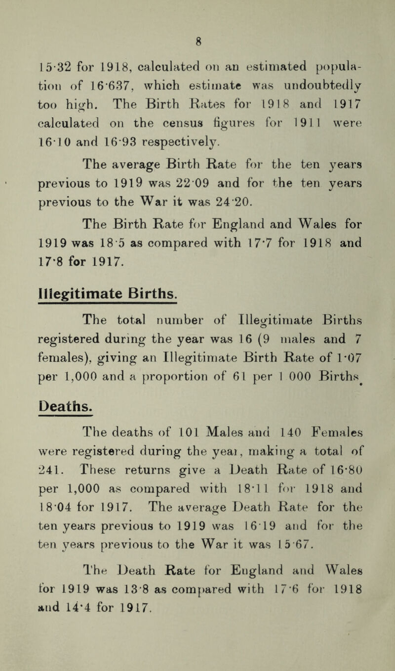 15-32 for 1918, calculated on an estimated popula- tion of 16’637, which estimate was undoubtedly too hit^h. The Birth Bates for 1918 and 1917 calculated on the census figures for 1911 were 1610 and 16*93 respectively. The average Birth Rate for the ten years previous to 1919 was 22*09 and for the ten years previous to the War it was 24*20. The Birth Rate for England and Wales for 1919 was 18*5 as compared with 17*7 for 1918 and 17-8 for 1917. Illegitimate Births. The total number of Illegitimate Births registered during the year was 16 (9 males and 7 females), giving an Illegitimate Birth Rate of T07 per 1,000 and a proportion of 61 per 1 000 Births^ Deaths. The deaths of 101 Males and 140 Females were registered during the year, making a total of 241. These returns give a Death Rate of 16*8U per 1,000 as compared with 18*11 foi- 1918 and 18*04 for 1917. The average Death Rate for the ten years previous to 1919 was 16*19 and for the ten years previous to the War it was 15*67. The Death Rate for England and Wales for 1919 was 13*8 as compared with 17*6 for 1918 and 14*4 for 1917.