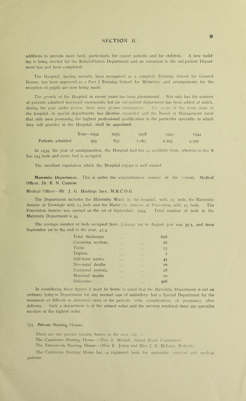 additions to provide more beds, particularly for cancer patients and for children. A new build- ing is being erected for the Rehabilitation Department and an extension to the out-patient Depart- ment has just been completed. The Hospital, having recently been recognised as a complete Training School for General Nurses, has been approved as a Part I Training School for Midwives, and arrangements for the reception of pupils are now being made. The growth of the Hospital in recent years has been phenomenal. Not only has the number of patients admitted increased enormously but an out-patient department has been added at which, during the year under review, there were 27,000 attendances. The scope of the work done at the hospital, in special departments, has likewise expanded and the Board of Management insist that only men possessing the highest professional qualification in the particular speciality in which they will practice in the Hospital, shall be appointed. Year—1932 1935 1938 1943 1944 Patients admitted ... 595 831 i'063 2,293' 2,521 In 1934, the year of amalgamation, the Hospital had but 42 available beds, whereas to-day it has 154 beds and every bed is occupied. The excellent reputation which the Hospital enjoys is well earned. Maternity Department. This is under the administrative control of the County Medical Officer, Dr. R. N. Curnow. Medical Officer—Mr J. G. Hastings Ince, M.R.C.O.G. The Department includes the Maternity Ward in the hospital, with 15 beds, the Maternity Annexe at Trewirgie with 14 beds and the Materi'ty Annexe at Penventon with 15 beds. The Penventon Annexe was opened on the ist of September, 1944. Total number of beds in the Maternity Department is 44. The average number of beds occupied from January ist to August 3Tst was 35.5, and from September ist to the end of the year, 45.4. Total discharges ... ... 628. Caesarian sections ... 16 Twins ... ... ... 13 Triplets ... ... ... i Still-born babies ... ... 45 Neo-natal deaths ... ... 16 Puerperal pyrexia ... ... 18 Maternal deaths ... ... 10 Deliveries ... ... ... 568 In considering these figures it must be borne in mind that the Maternity Department is not an ordinary lying-in Department for any normal case of midwifery, but a Special Department for the treatment of difficult or abnormal cases or for patients with complications of pregnancy after delivery. Such a departihent is of the utmost value and the services rendered there are specialist services of the highest order. (7) Private Nursing Homes. There are two private nursing homes in the area, viz. ;— The Camborne Nursing Home—(Miss A. Michell, Basset Road. Camborne). The Tremorvah Nursing Home—(Miss E. Johns and Miss J. B. McLean, Redruth'. The Camborne Nursing Home has 14 registered beds for maternity, surgical and medical patients.
