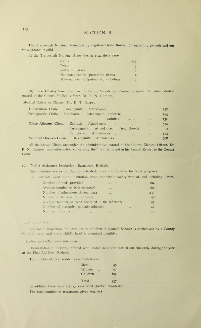 Sl-XTION B. The Tremorvah Nursing Home has 14 registered beds, thirteen for maternity patients and on® for a chronic invalid. At the Tremorvah Nursing Home during 1944 there were Births ... ... ... 247 Twins ... ... ... 3 Still-born babies ... ... 6 Neo-natal deaths (premature twins) 2 Maternal deaths (pulmonary embolism) i (8) The Tehiday Sanatorium in the Tehidy Woods, Camborne, is under the administrative control of the County Medical Officer, Dr. R. N. ('.iiinnw. Medical Officer in Charge—Dr. E. T. Gaspey. Tuberculosis Clinic. Tuckingmill. Attendances ... ... ... 547 Orthopaed'c Clinic. . Camborne. Attendances (children) ... ... 595 (adults) .... ... 152 Minor Ailments Clinic. Redruth. Attendances ... ... ... 524 Tuckingmill. Attendances (now closed) . . 2 Camborne. Attendances ... ... ... 454 Venereal Diseases Clinic. Tuckingmill. Attendances 788 All the above Clinics are under the administrative control of the County Medical Officer. Dr. R. N. Curnow, and information concerning them will b^ found in his Annual Report to the County Council. (9) Publ'c Assistance Institiuion, Barncoose. Redruth. This institution serves the Camborne-Redruth area and environs for relief purposes. The maternity ward of the institution serves the whole county west of. and including, Truro. Number of beds provided ... ... ... 192 Average number of beds occupied ... ... 164 Number of admissions during 1944 ... ... 2.3.3 Number of beds in the infirmary ... ... 99 Average number of beds occupied in the infirmary , . 93 Number of maternity patients admitted ... 22 Number of births ... ... ... 10 (ig) ITc.rd Lice. Systematic inspection for head lice in children in Council Schools is carried out by a County Couii'il n mse, and every child’s head is examined monthly. Scabies and, other Skin Affections. Disinfestation of persons infested with scabies has been carried out efficiently during the yeawr at the First Aid Post. Redruth. The number of local residents disinfested was Men 45 Women 97 Children 195 Total .3.37 In addition there were also 33 evacuated children disinfested. The total number of treatments given was 758.